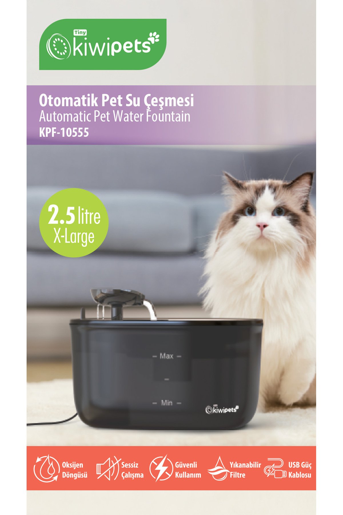 Kiwi Kiwipets Otomatik Kedi Köpek Su Pınarı Su Çeşmesi Ultra Sessiz Su Şelalesi 10555