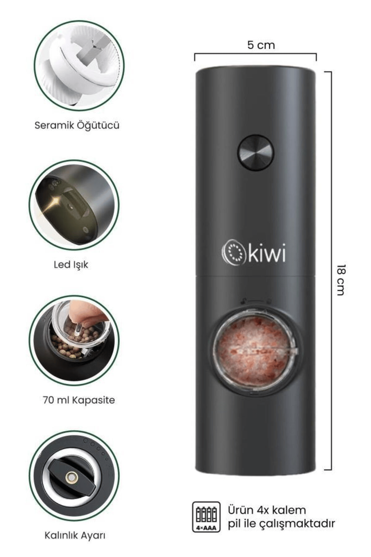 Kiwi Pilli Işıklı Tuz Karabiber Değirmeni Otomatik Baharat Öğütücü 2li Paket (SİYAH) 4850
