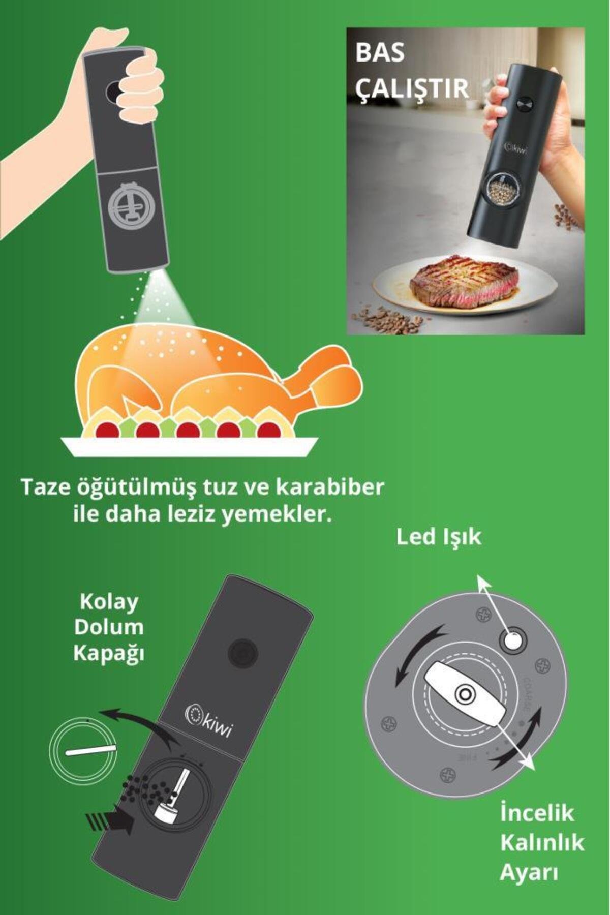 Kiwi Pilli Işıklı Tuz Karabiber Değirmeni Otomatik Baharat Öğütücü 2li Paket (SİYAH) 4850