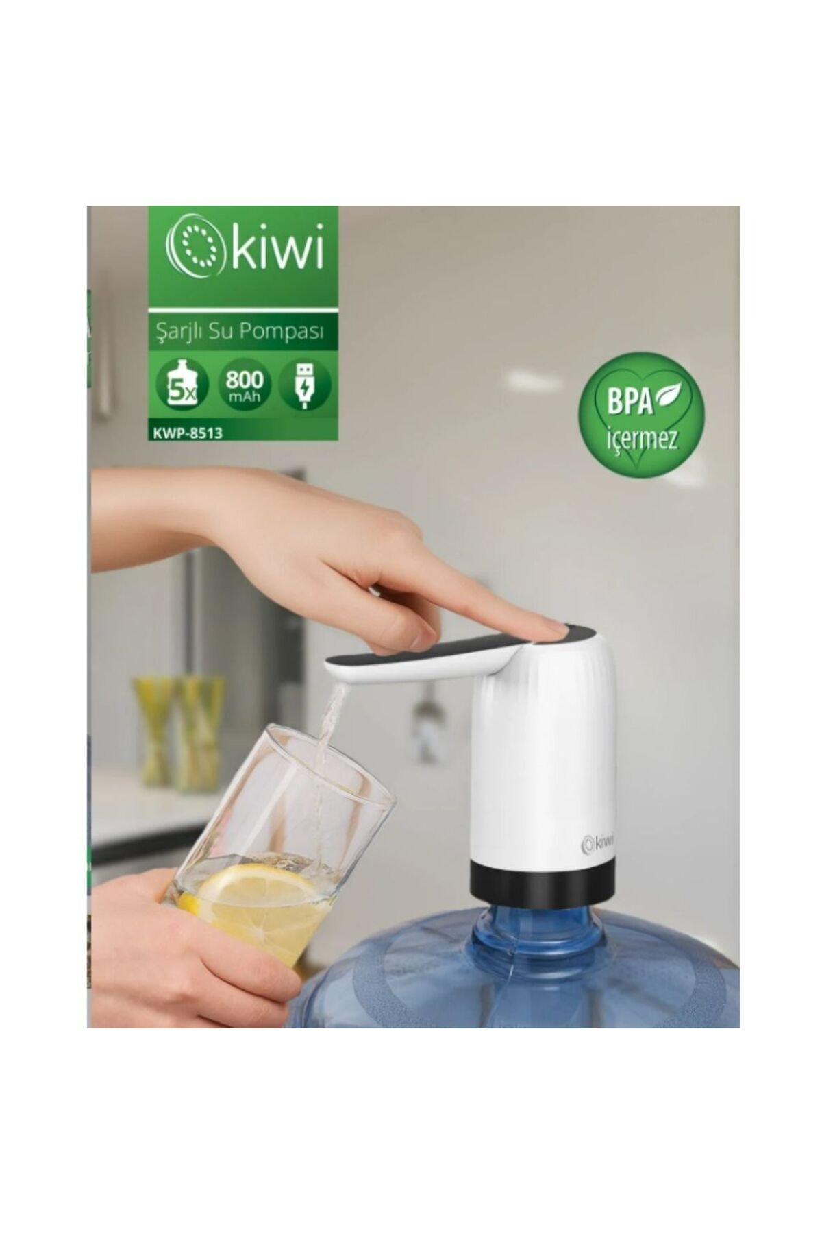 Kiwi  Şarjlı Damacana Su Pompası - Beyaz - 5x12x4 cm