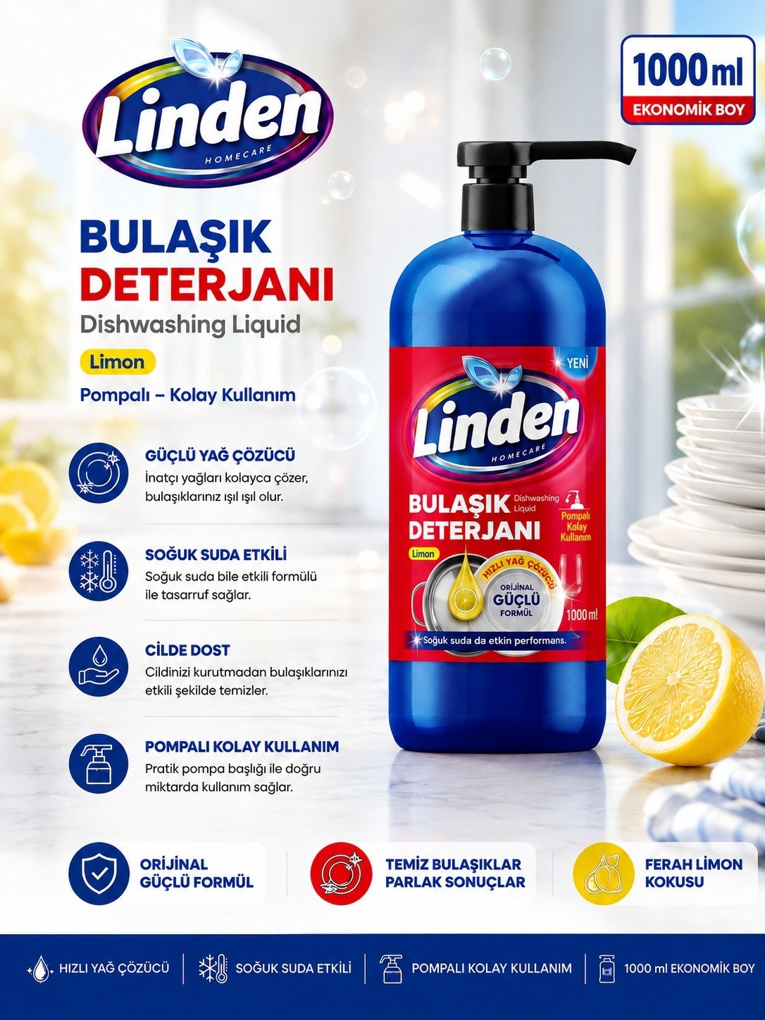 Linden Bulaşık Deterjanı 1000 ml Limon 
