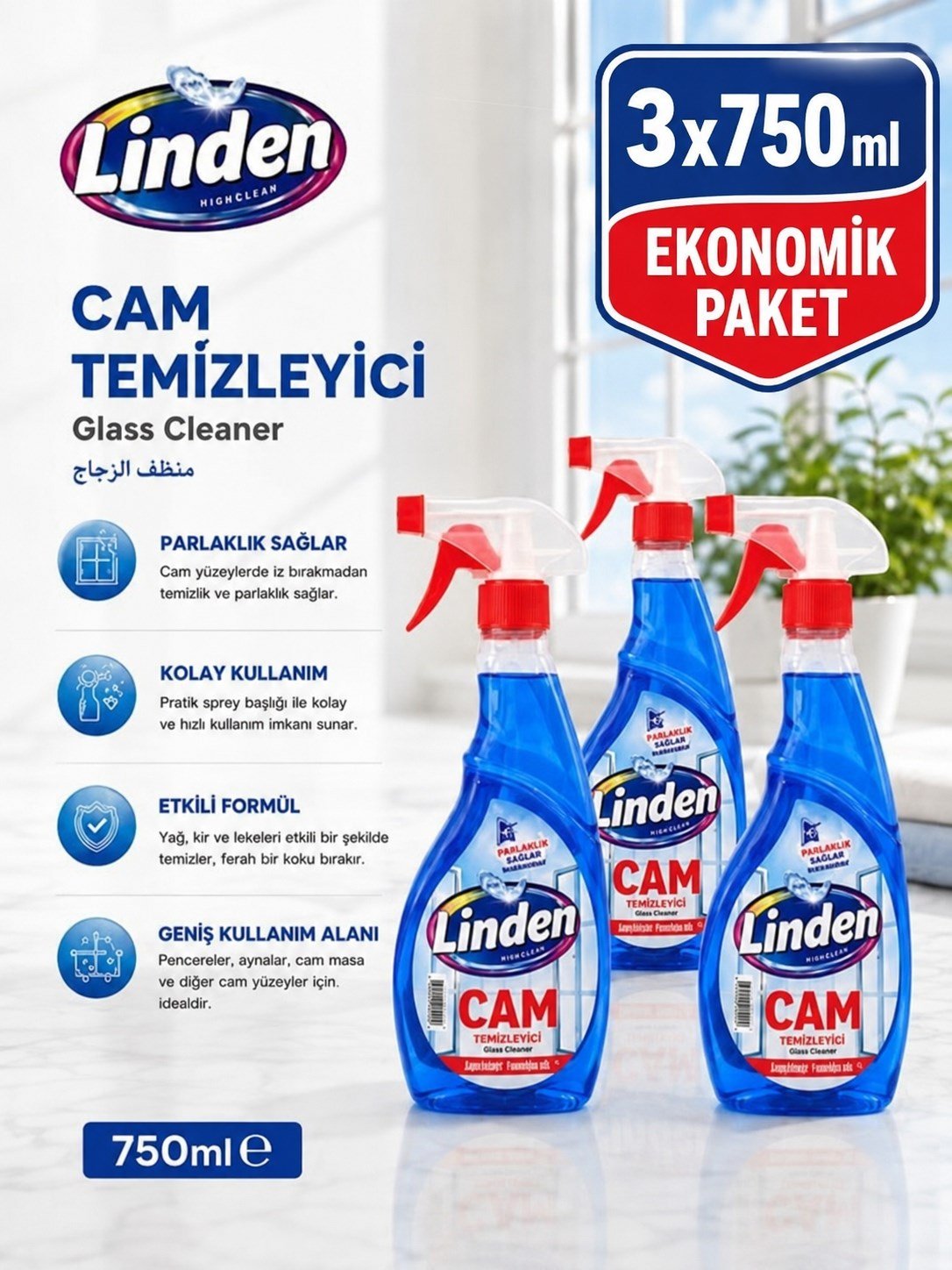Linden Cam Yüzey Temizleyici 750 ml  Sprey x3 Adet
