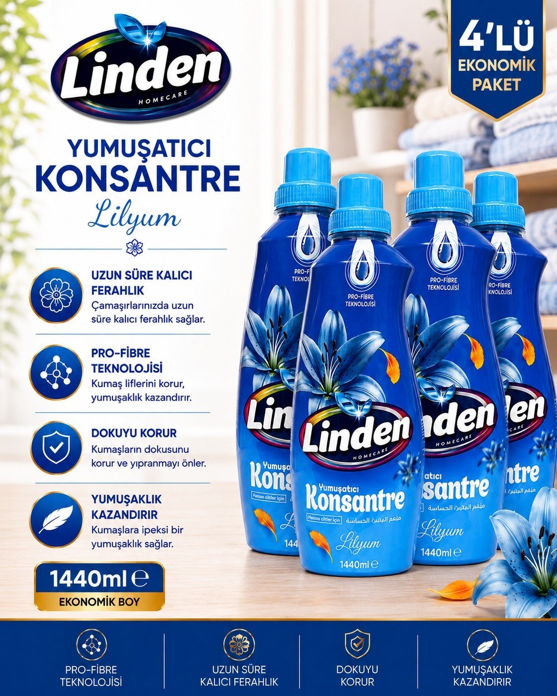 Linden Konsantre Yumuşatıcı Lilyum 1440 ml x4 Adet