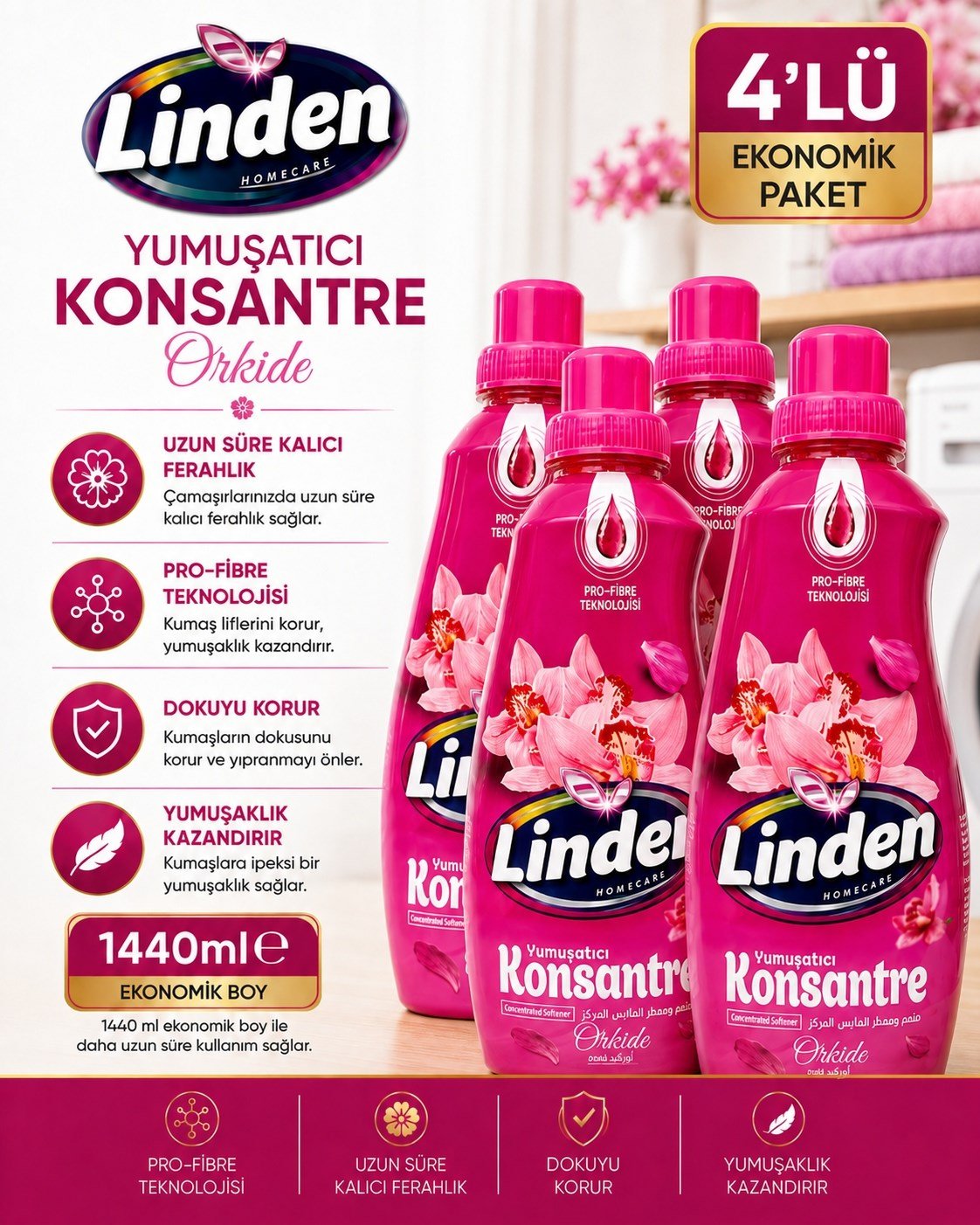 Linden Konsantre Yumuşatıcı  Orkide 1440 ml x4 Adet