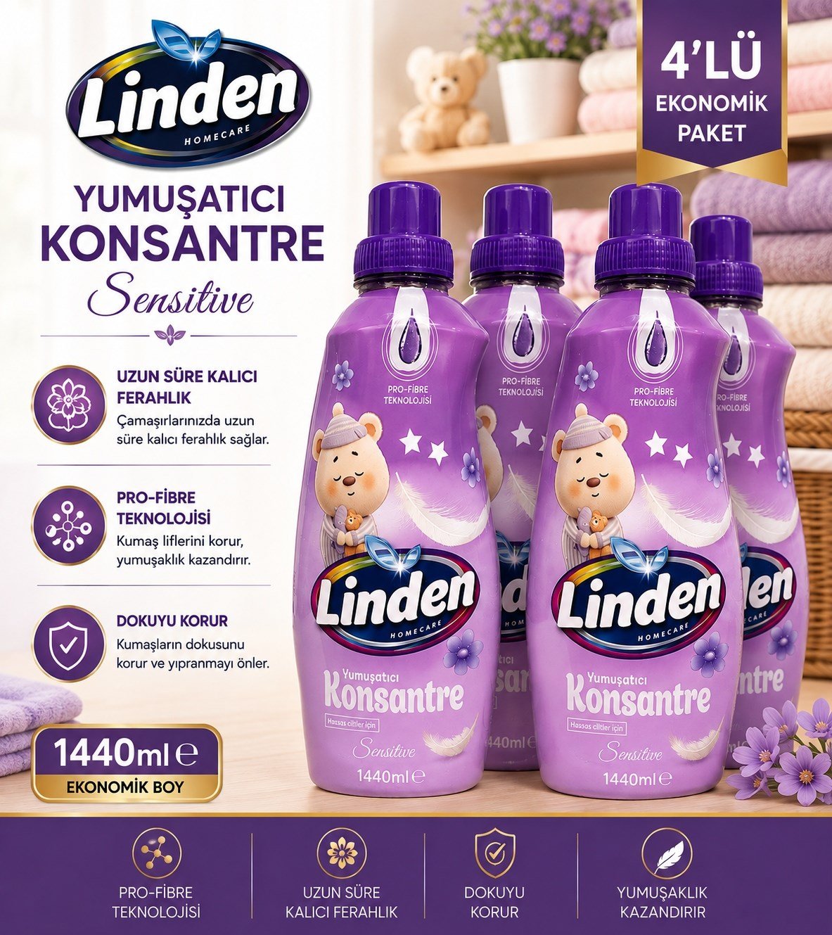 Linden Konsantre Yumuşatıcı Sensetive1440 ml x4 Adet