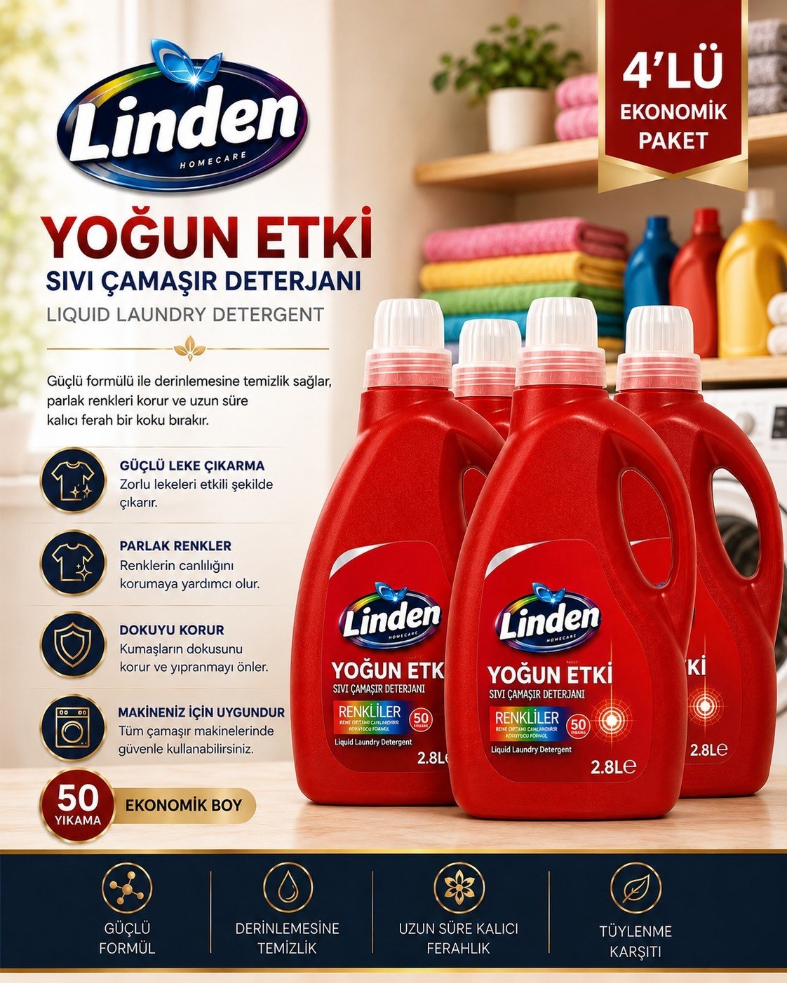 Linden Sıvı Çamaşır Deterjanı Renkliler 2800 ml x4 Adet