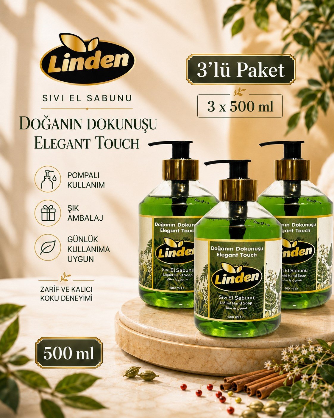 Linden Sıvı El Sabunu Doğanın Dokunuşu 500 ml Elegant Touch x3 Adet
