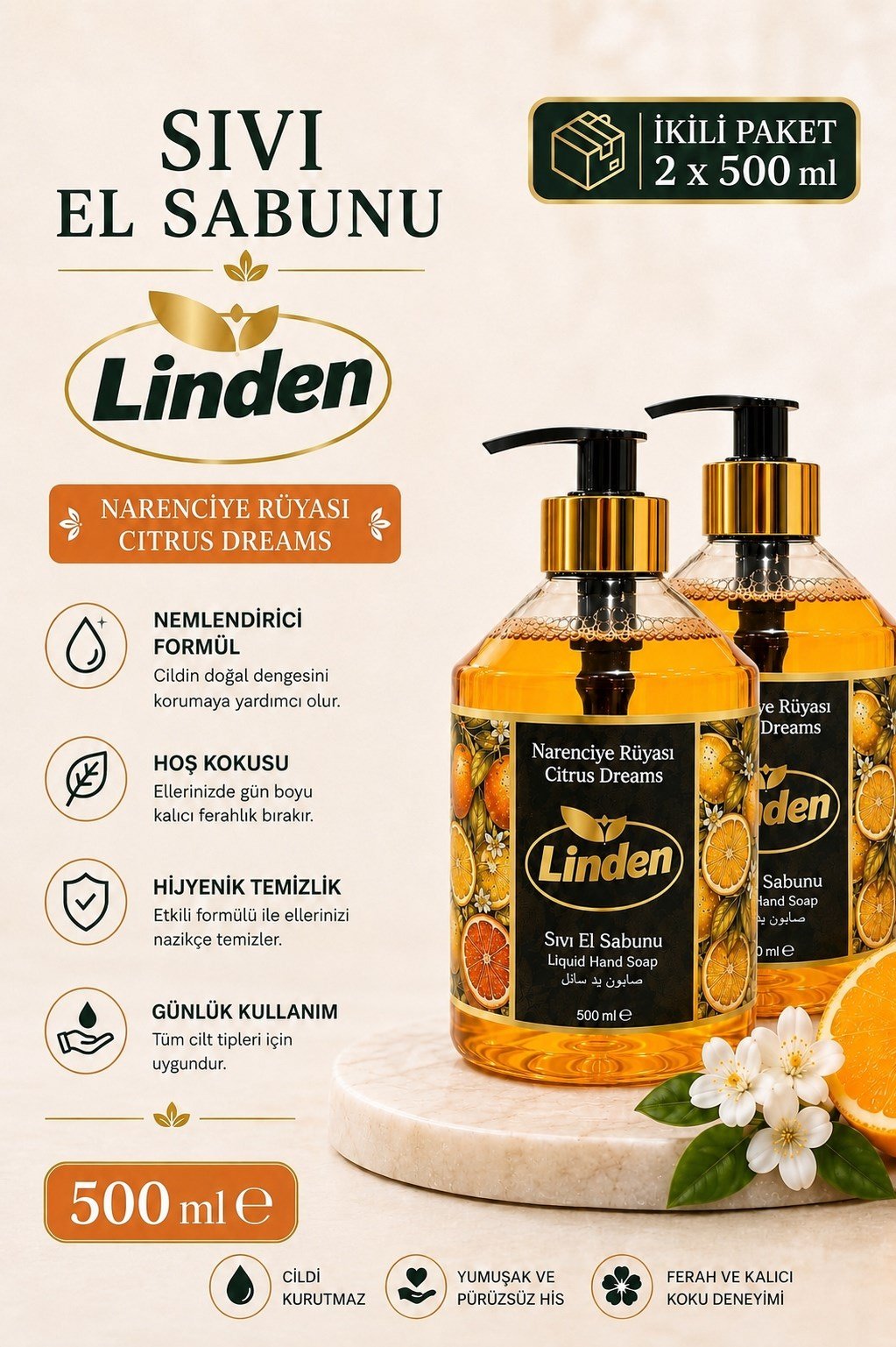 Linden Sıvı El Sabunu Narenciye Rüyası 500 ml Citrus Dream x2 Adet