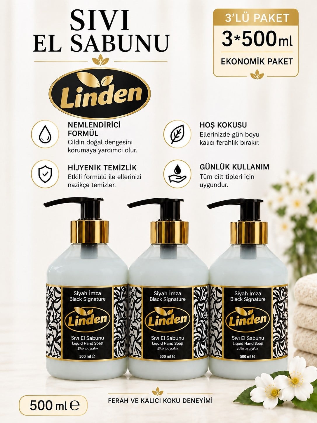 Linden Sıvı El Sabunu Siyah İmza 500 ml Black Signature x3 Adet