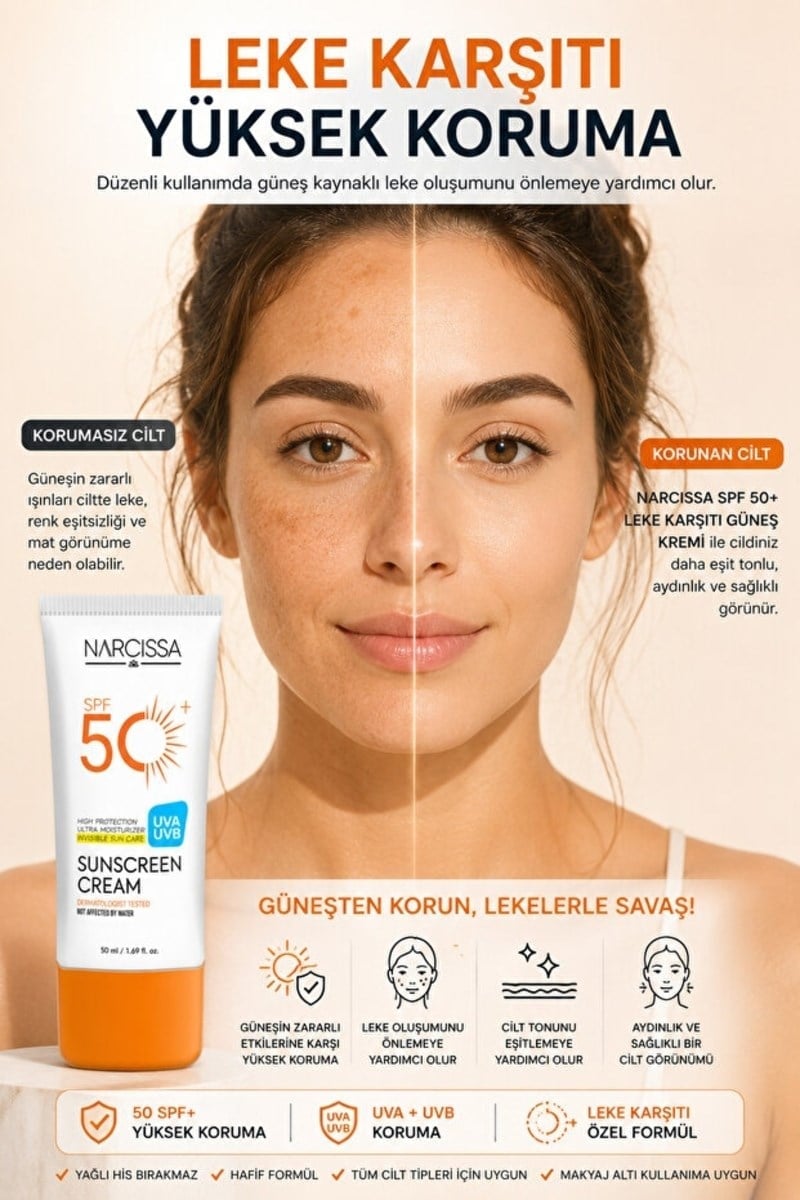 Narcissa Yüksek Koruyucu, Leke Karşıtı Yüz Güneş Kremi 50 SPF+ Waterproof UVA + UVB 50 ML