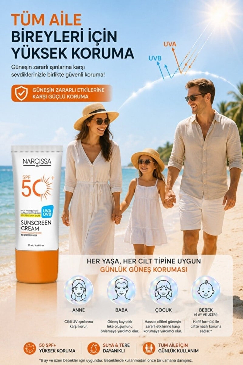 Narcissa Yüksek Koruyucu, Leke Karşıtı Yüz Güneş Kremi 50 SPF+ Waterproof UVA + UVB 50 ML