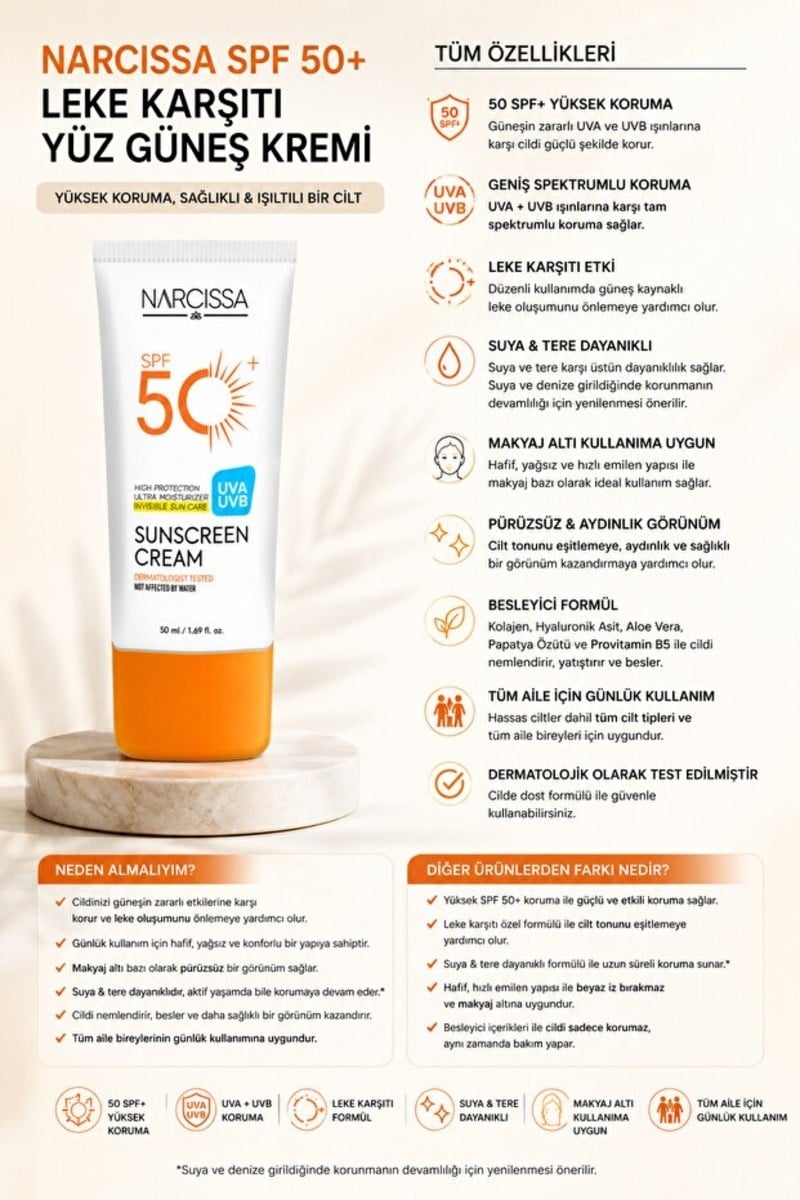 Narcissa Yüksek Koruyucu, Leke Karşıtı Yüz Güneş Kremi 50 SPF+ Waterproof UVA + UVB 50 ML