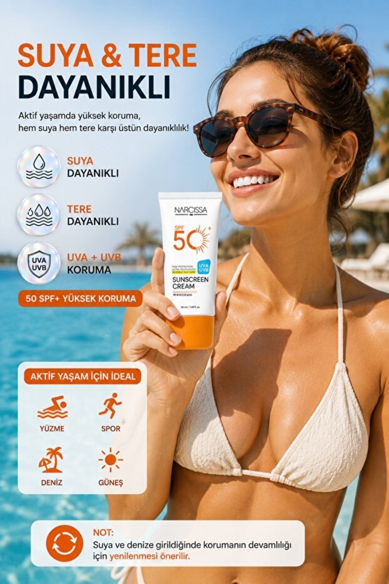 Narcissa Yüksek Koruyucu, Leke Karşıtı Yüz Güneş Kremi 50 SPF+ Waterproof UVA + UVB 50 ML