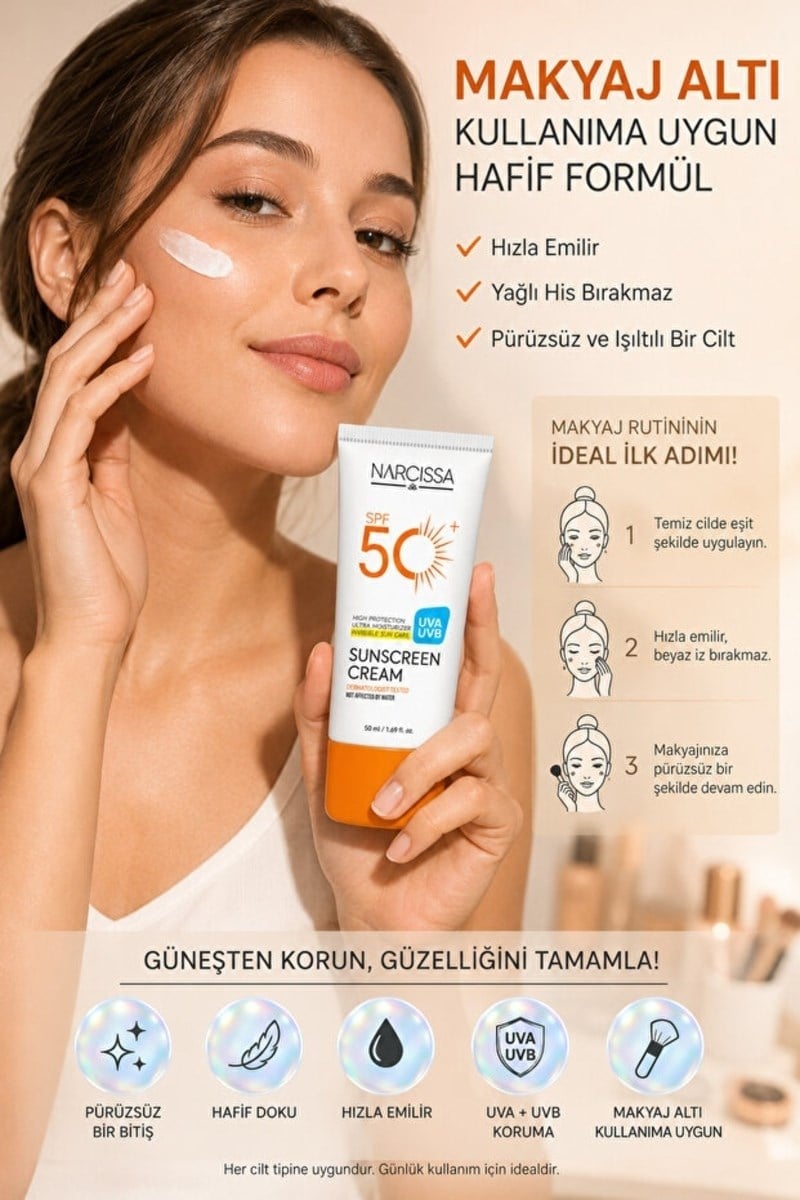 Narcissa Yüksek Koruyucu, Leke Karşıtı Yüz Güneş Kremi 50 SPF+ Waterproof UVA + UVB 50 ML