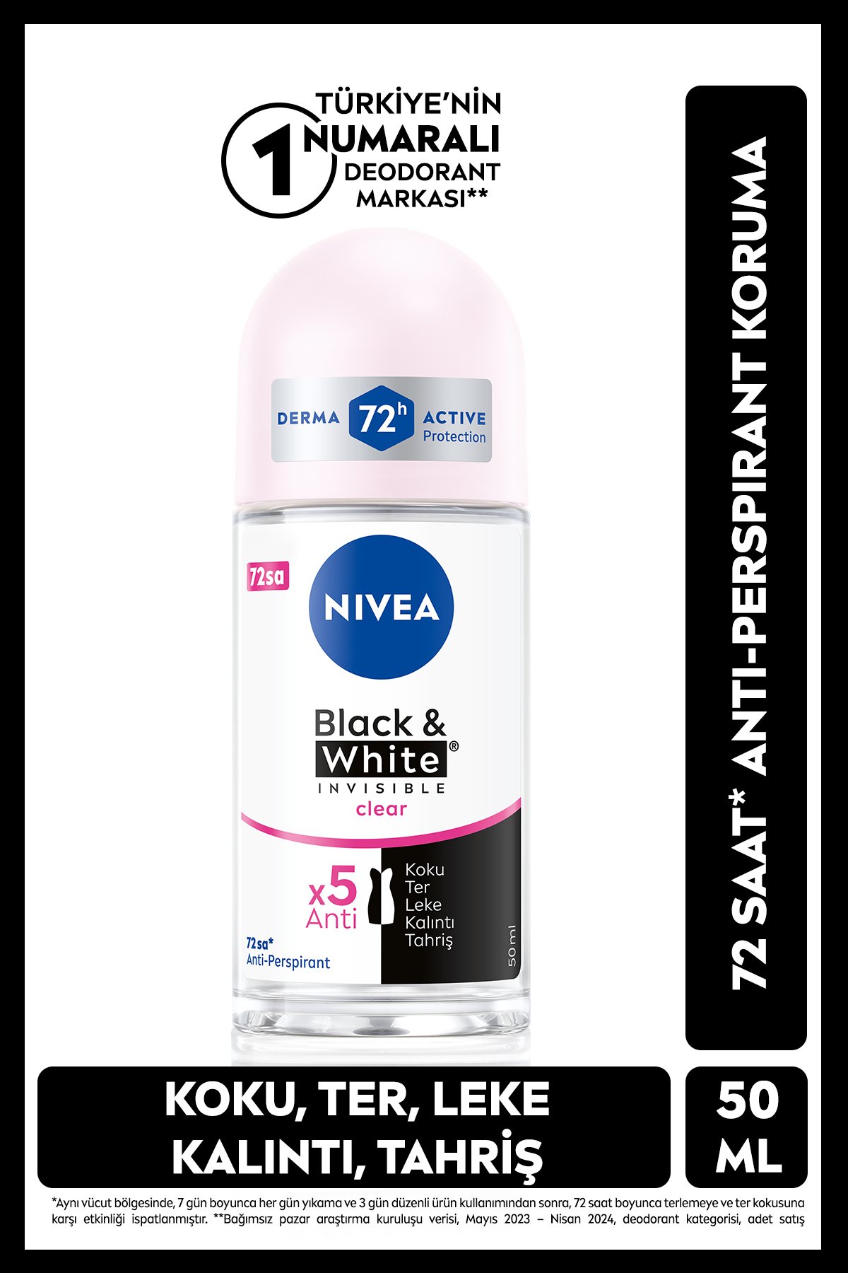 Nıvea Kadın Roll-on Deodorant Black&white Invisible Clear 50ml, 72 Saat Anti-perspirant Ter Koruması