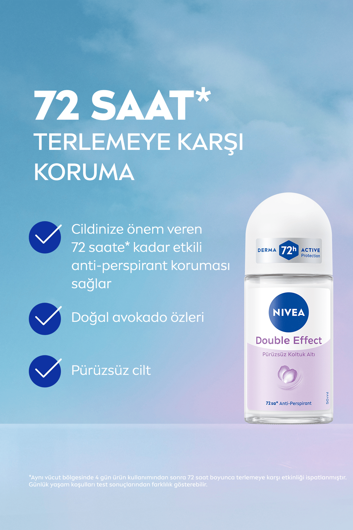 Nıvea Kadın Roll-on Deodorant Double Effect 50ml, Ter Kokusuna Karşı 48 Saat Koruma, Pürüzsüz Koltuk Altı