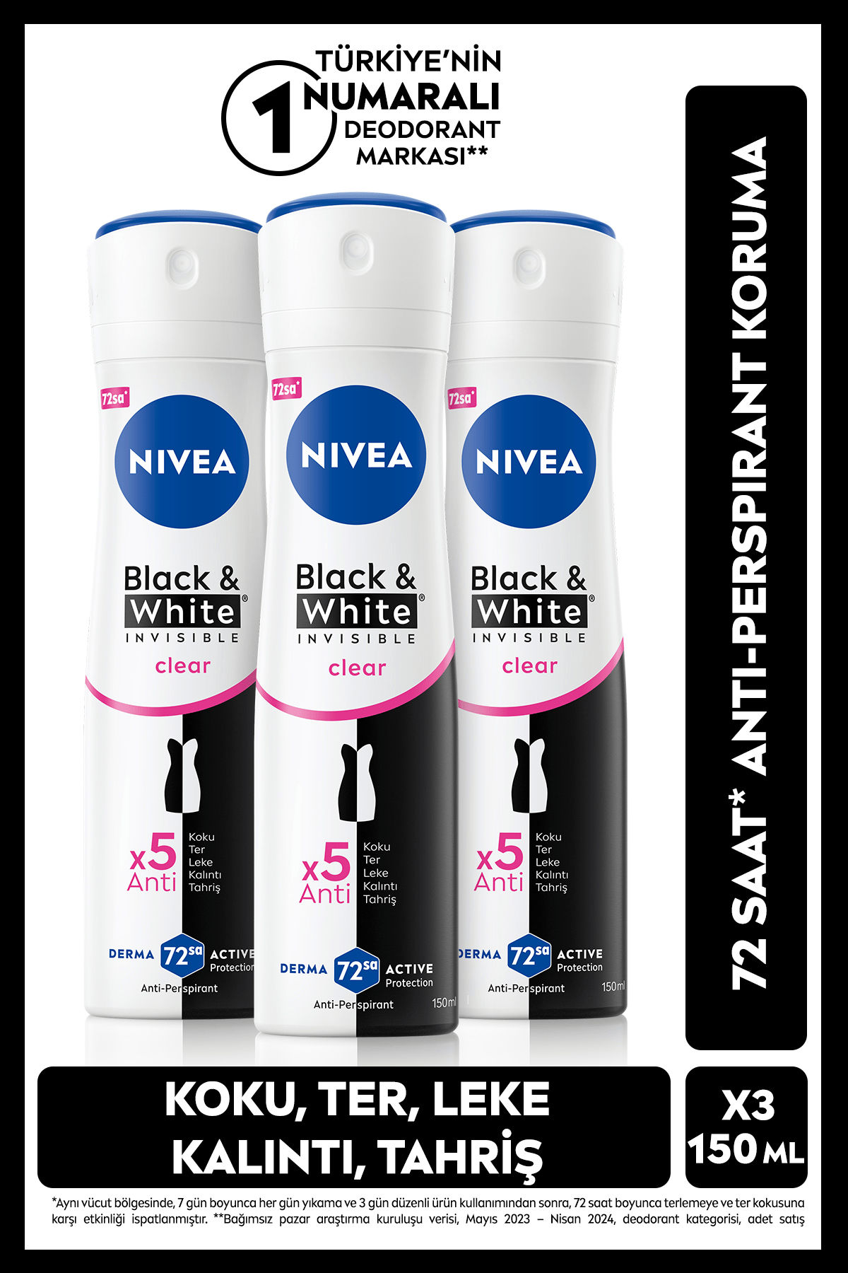 Nıvea Kadın Sprey Deodorant Black&White Invisible Clear 150ml, 72 Saat Anti-perspirant Koruma, X3 Adet