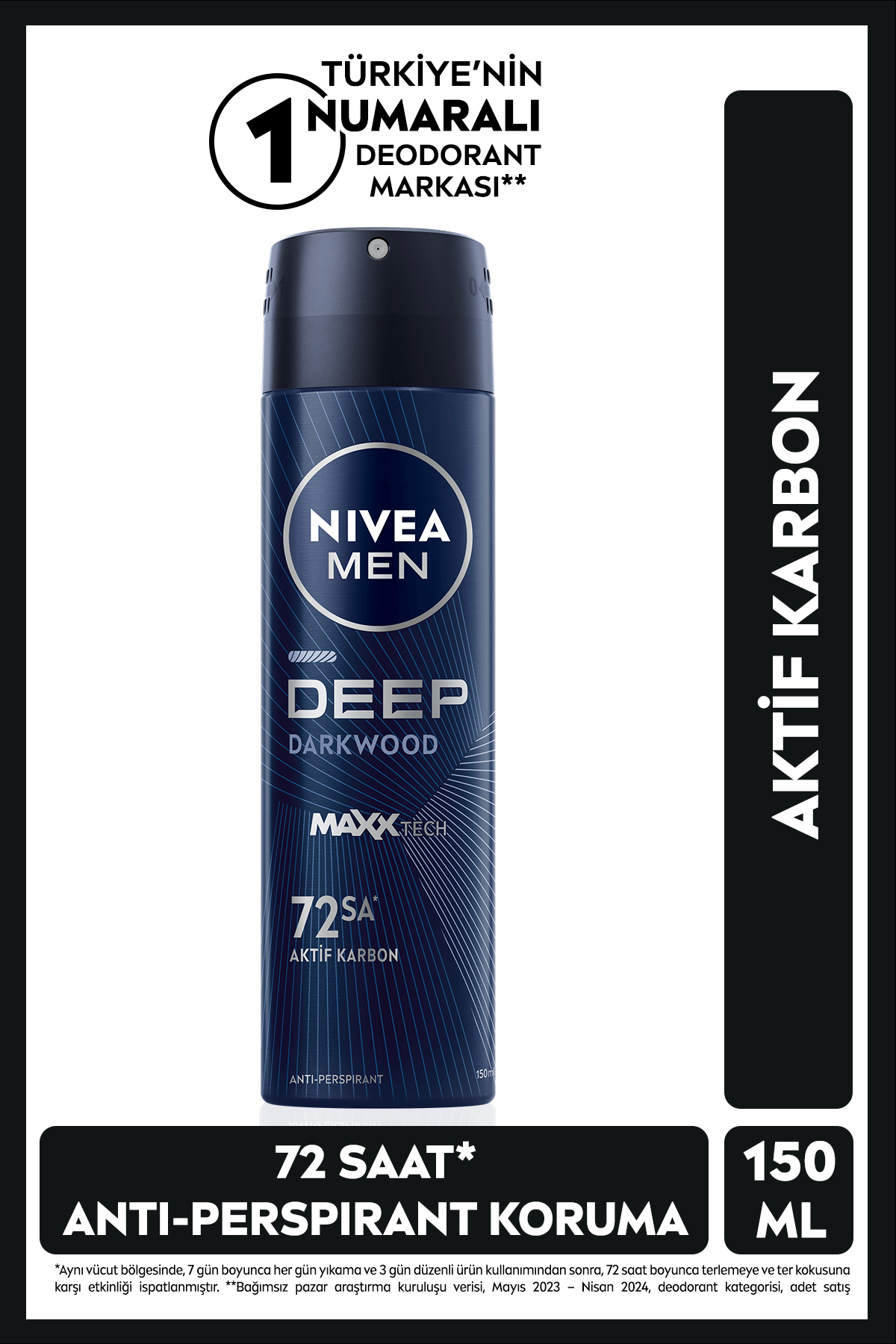 Nıvea MEN Erkek Sprey Deodorant Deep Dimension Aktif Karbon 150ml, 72 Saat Anti-perspirant Ter Koruması