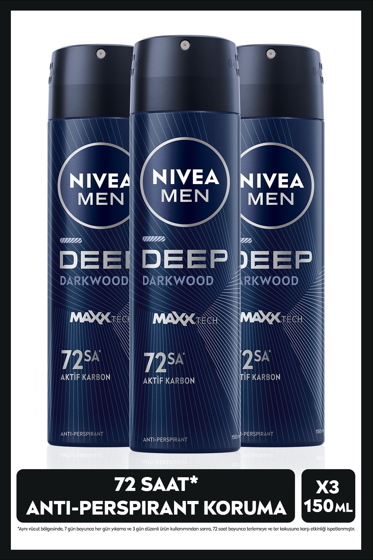 NIVEA MEN Erkek Sprey Deodorant Deep Dimension Aktif Karbon 150ml, 72 Saat Anti-perspirant Koruma, X3 Adet