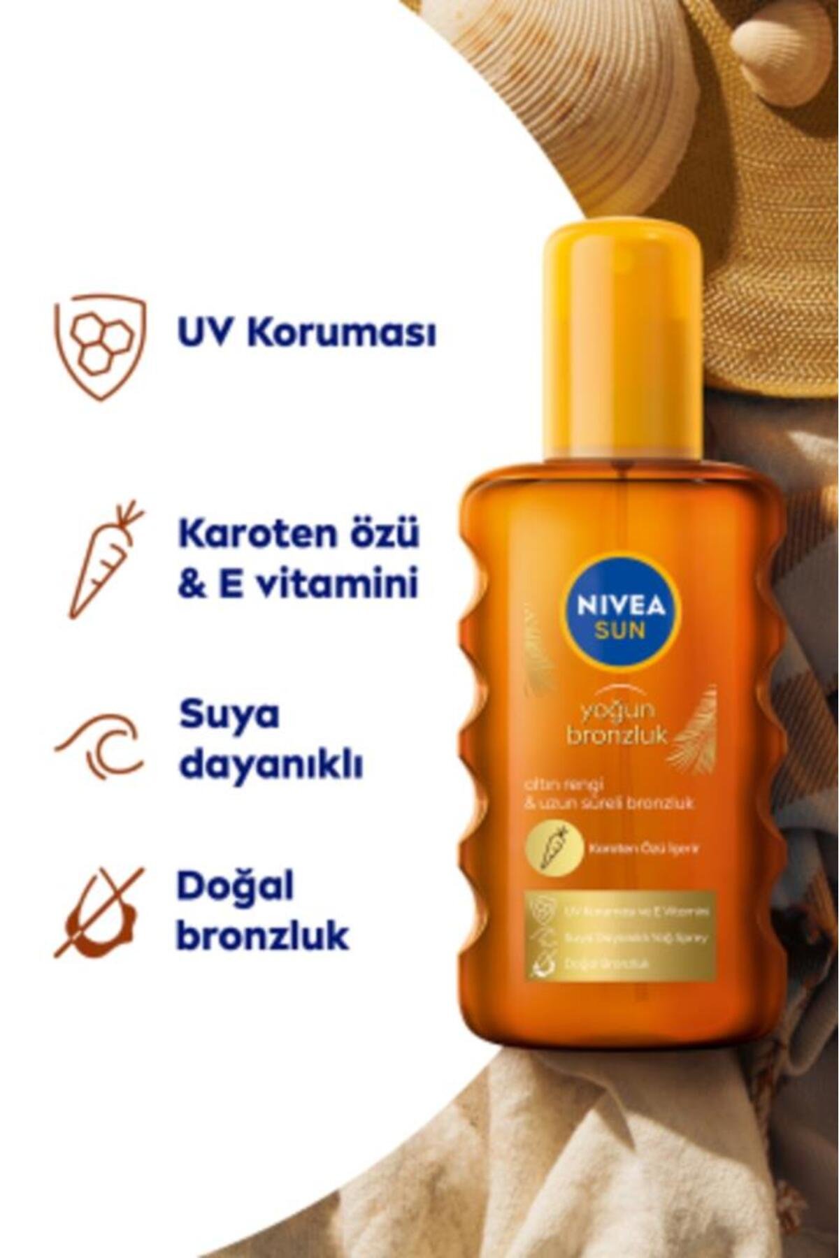 Nıvea SUN Karoten Özlü Yoğun Bronzlaştırıcı Güneş Vücut Sprey 200ml, E Vitamini, Uzun Süreli Bronzluk