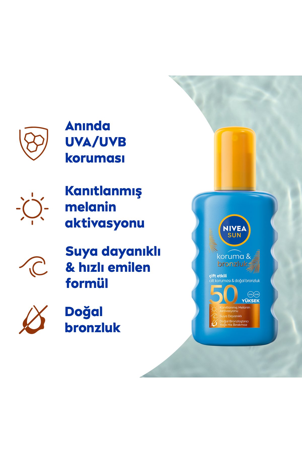 Nıvea SUN SPF50 Çift Etkili Yüksek Koruyucu Bronzluk Vücut Güneş Spreyi 200ml, Doğal Bronzluk, UVA Koruma