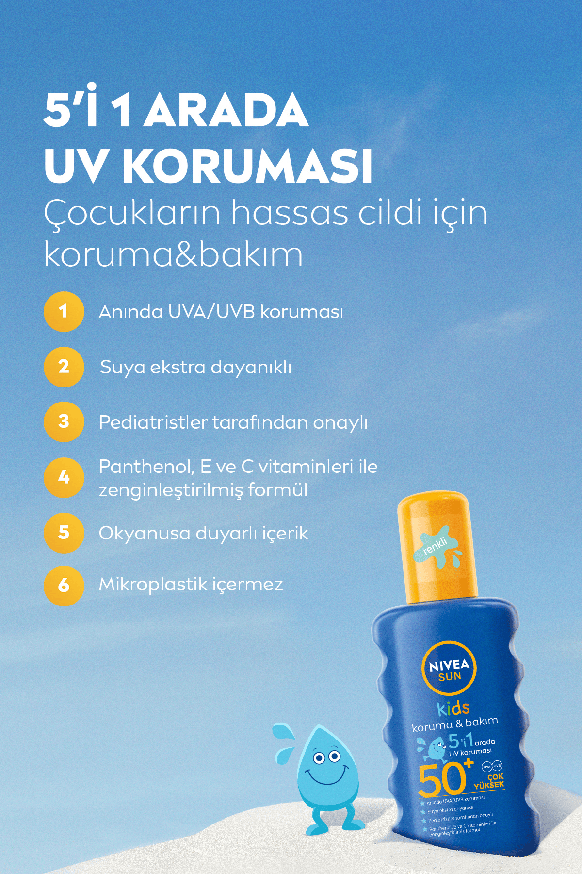 Nıvea SUN SPF50 Çocuklar İçin Güneş Koruyucu Vücut Spreyi 200ml, Anında UVA Koruması, 5i 1Arada Bakım, Nem