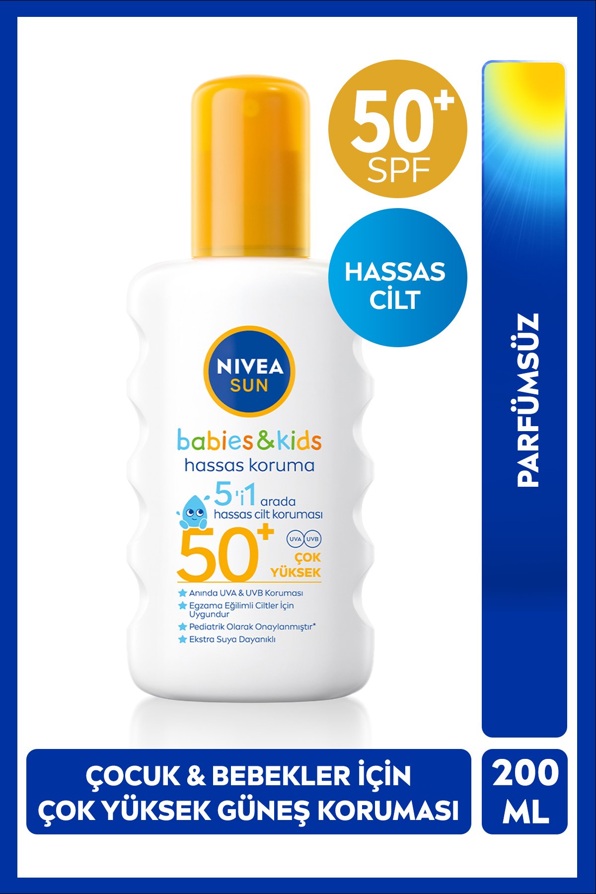Nıvea SUN SPF50 Çocuklar İçin Hassas Güneş Koruyucu Vücut Spreyi 200ml, UVA Koruması, 5i 1 Arada Bakım