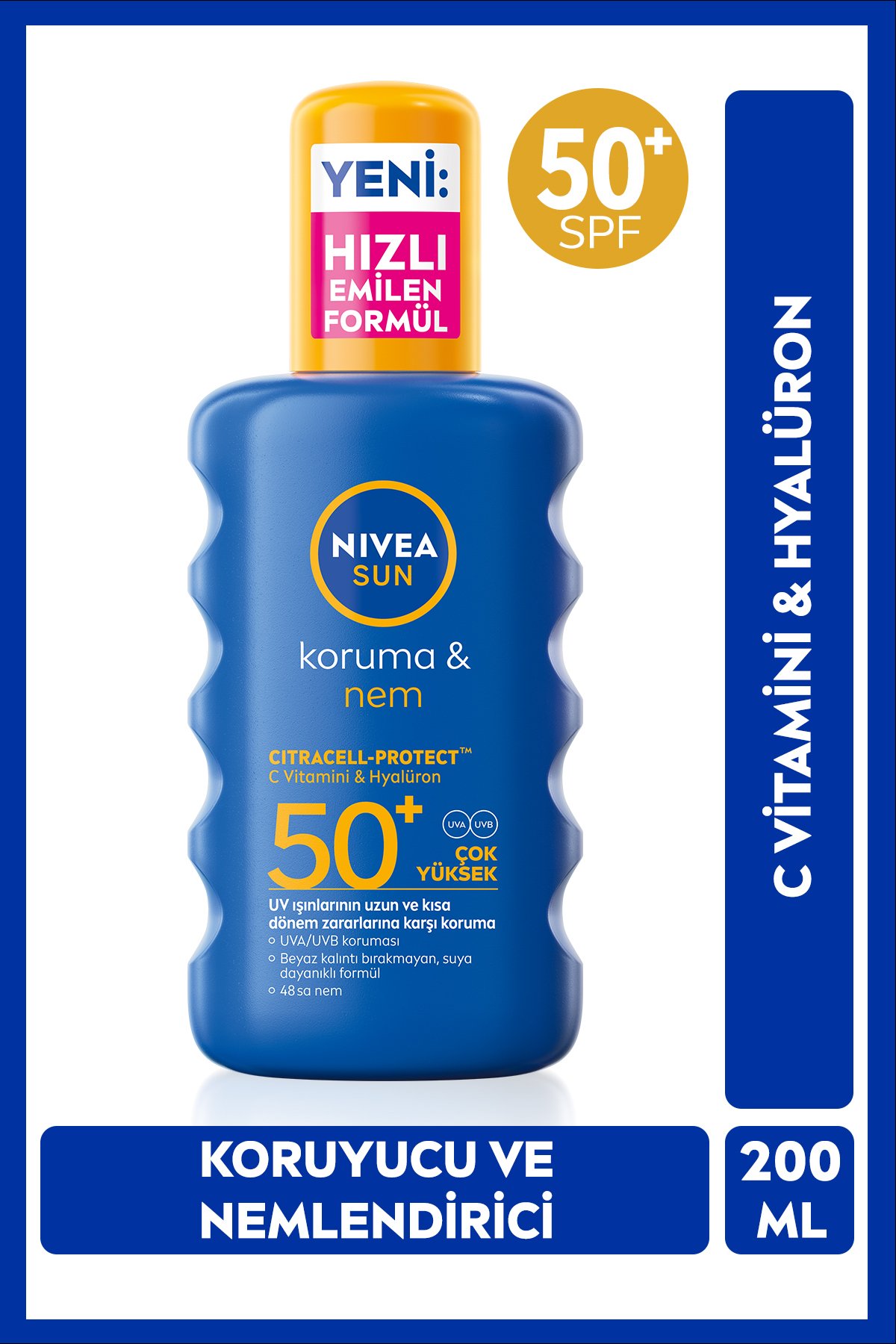 Nıvea SUN SPF50 Yüksek Güneş Koruyucu ve Nemlendirici Vücut Spreyi 200ml, UVA UVB Koruması, Suya Dayanıklı