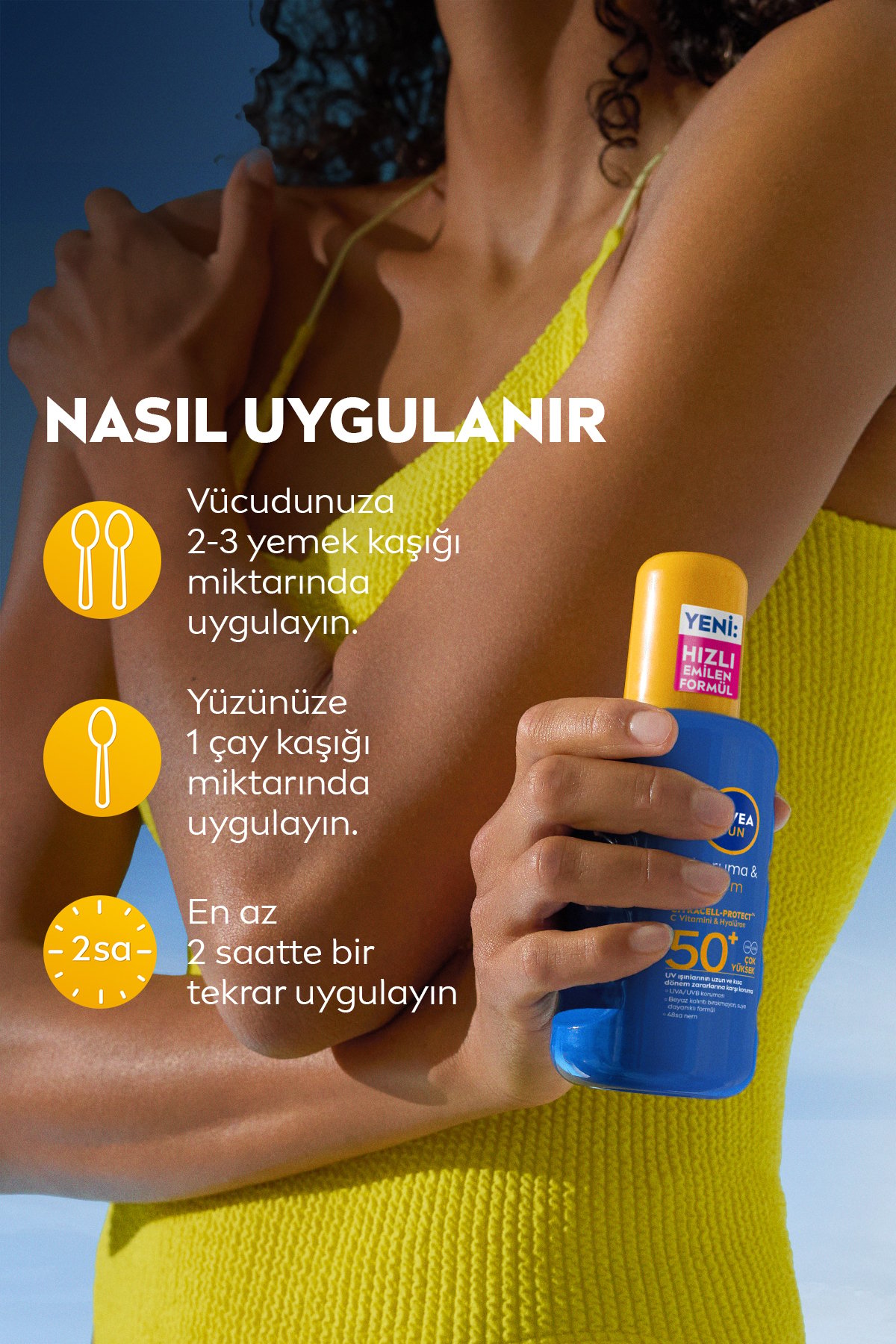 Nıvea SUN SPF50 Yüksek Güneş Koruyucu ve Nemlendirici Vücut Spreyi 200ml, UVA UVB Koruması, Suya Dayanıklı
