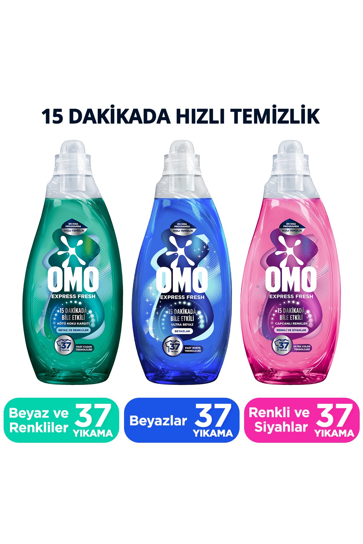 Omo Express Fresh Karışık SET: Renkli Siyahlar 1480 ml + Ultra Beyaz 1480 ml + Beyaz ve Renkli 1480 ml
