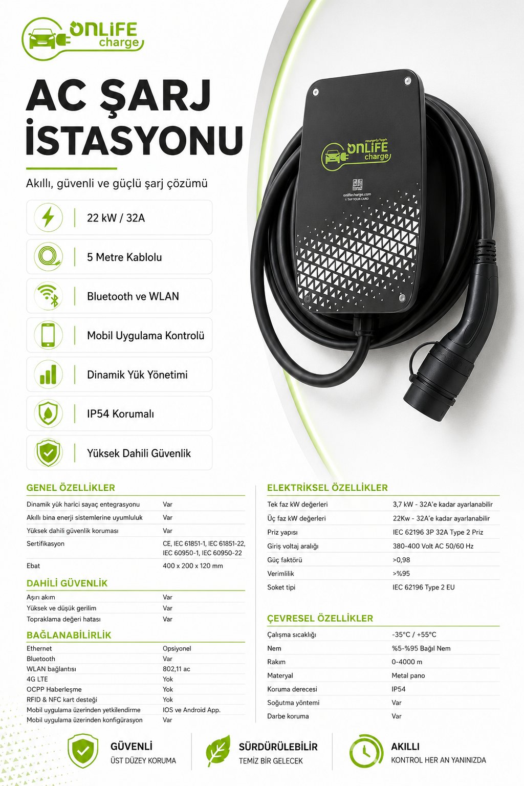 Onlife Wallbox 22 kW Kablolu Elektrikli Araç Şarj İstasyonu 5 Metre Type 2