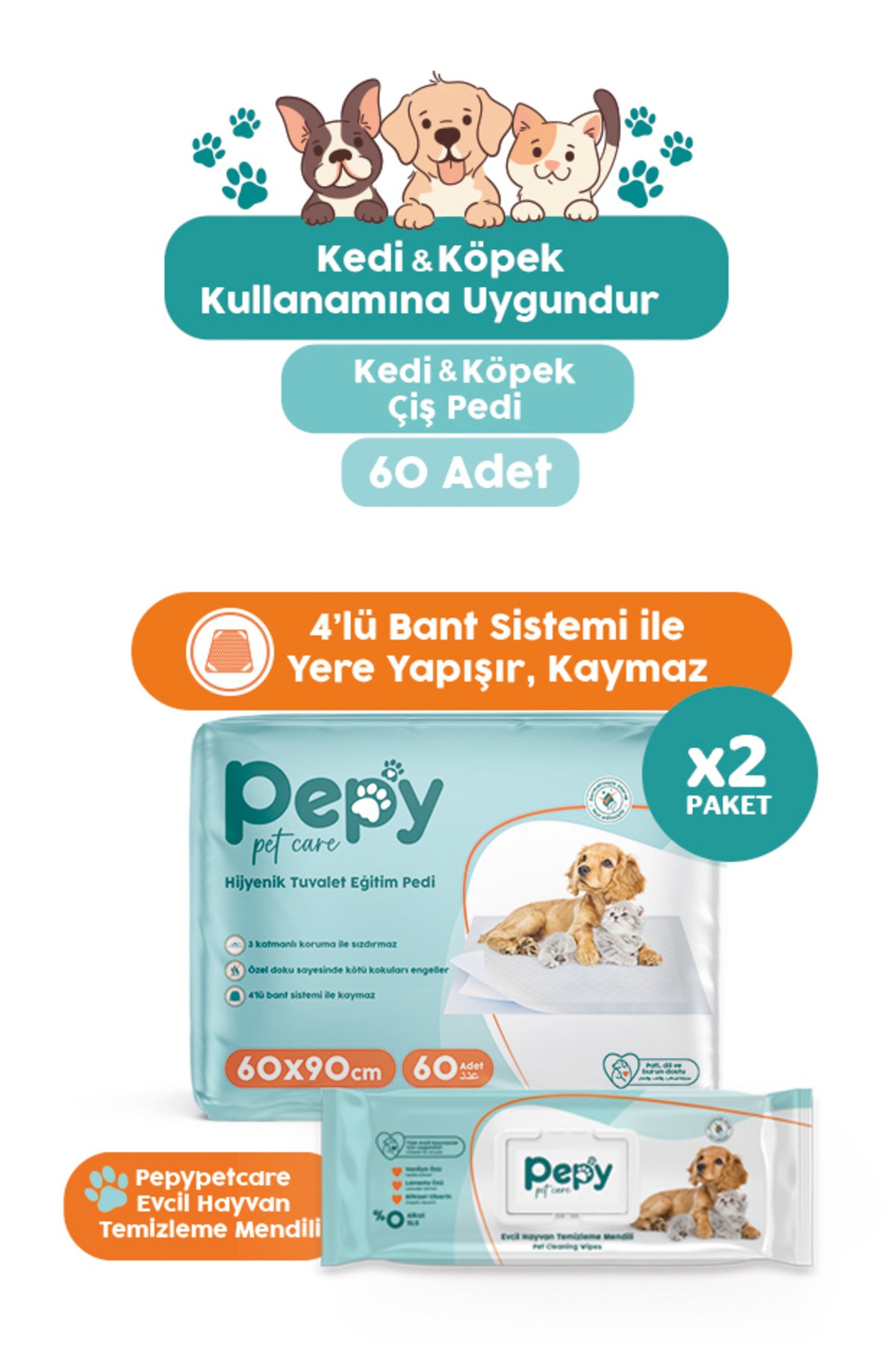 PEPY Hijyenik Yapışkanlı Tuvalet Eğitim Pedi 30'lu x2 Adet + Pepy  Evcil Hayvan Temizleme Mendili 50'li x2 Adet
