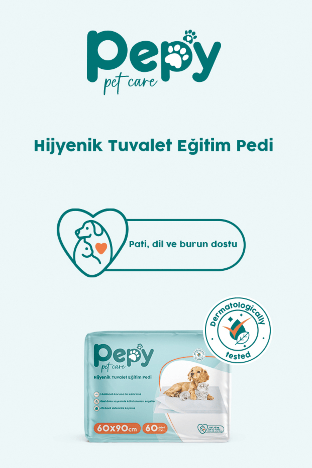 PEPY Hijyenik Yapışkanlı Tuvalet Eğitim Pedi 30'lu x2 Adet + Pepy  Evcil Hayvan Temizleme Mendili 50'li x2 Adet