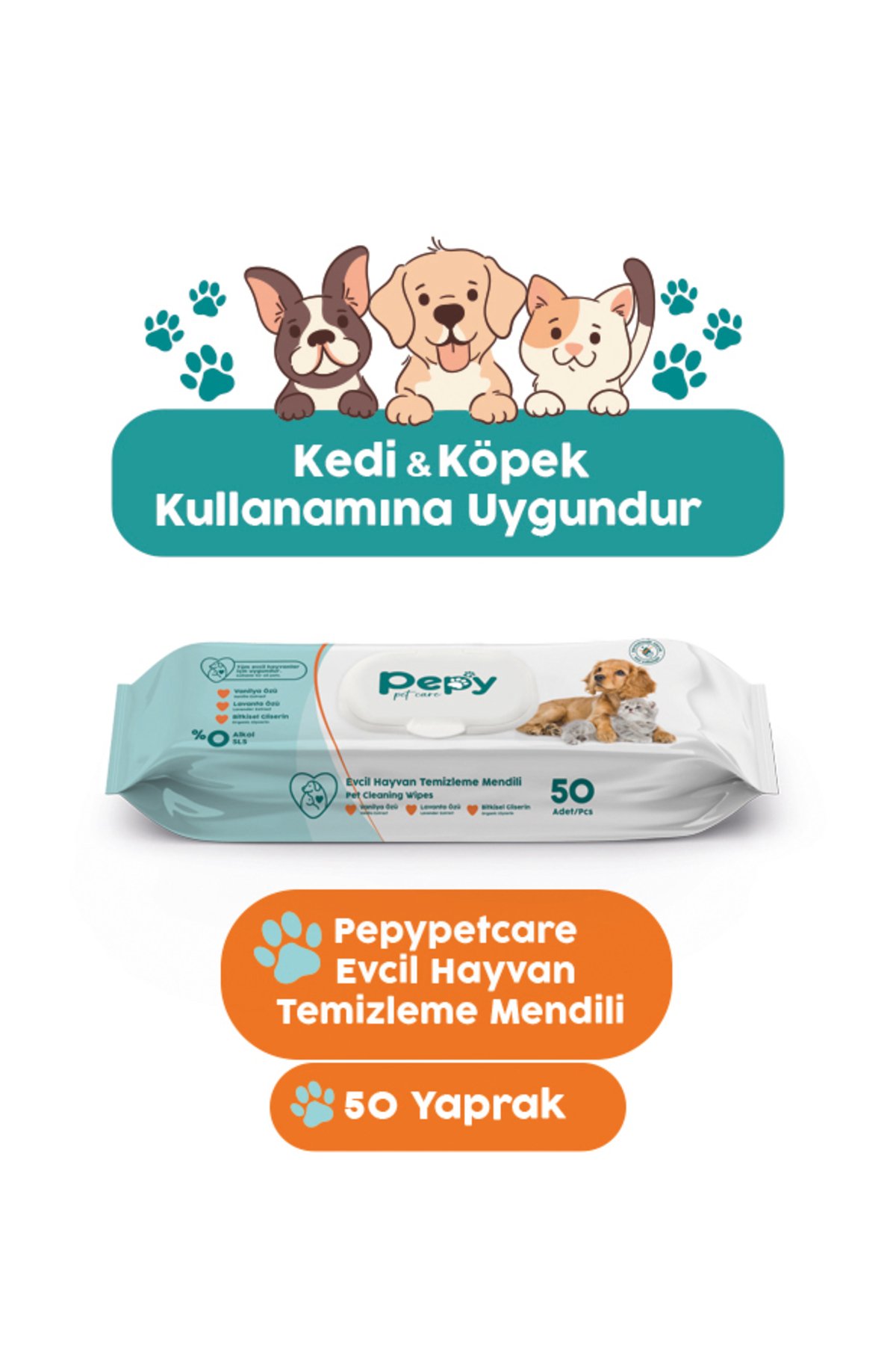 Pepy Kedi Ve Köpek Kullanımına Uygun Evcil Hayvan Temizleme Mendili 50'li