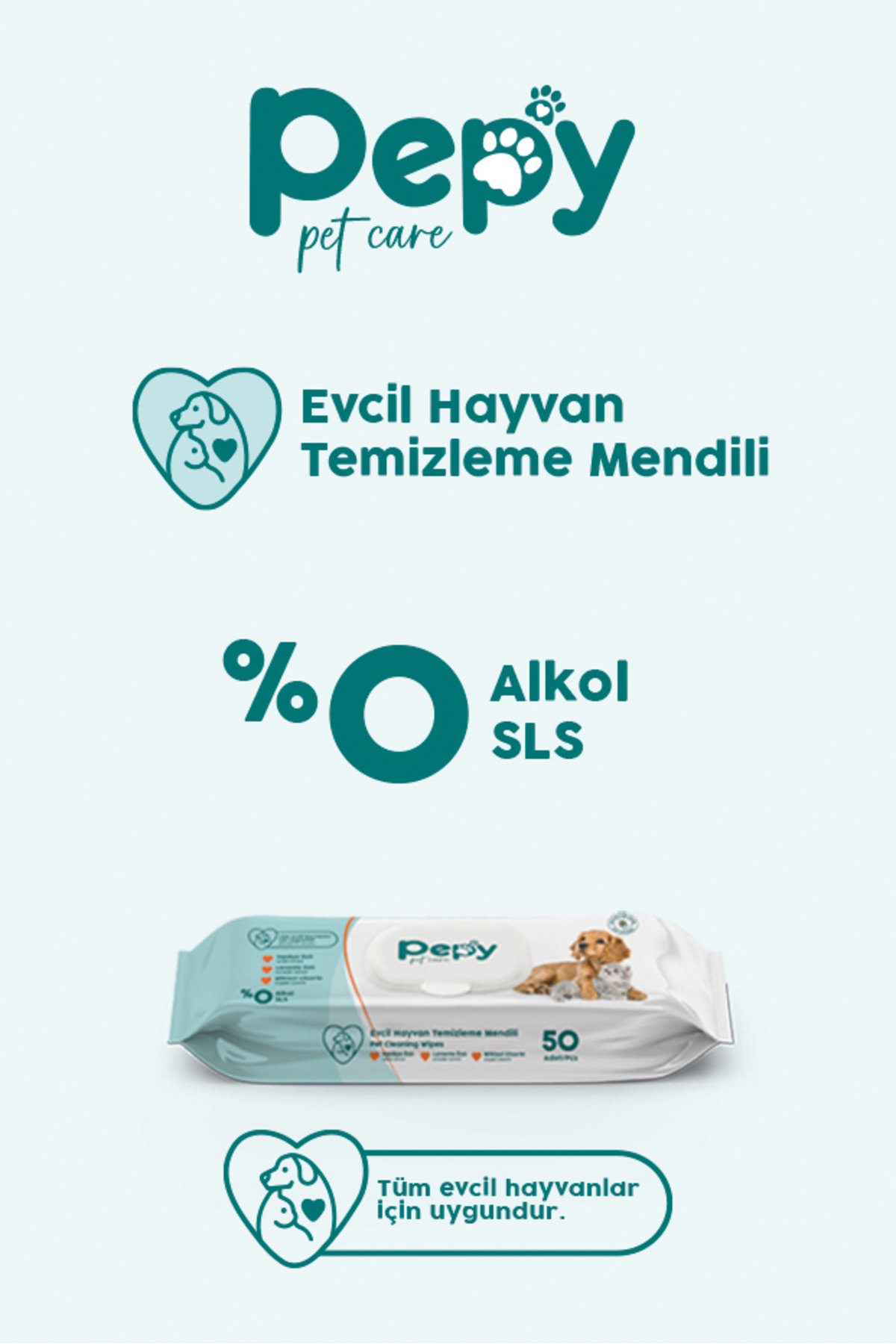 Pepy Kedi Ve Köpek Kullanımına Uygun Evcil Hayvan Temizleme Mendili 50'li