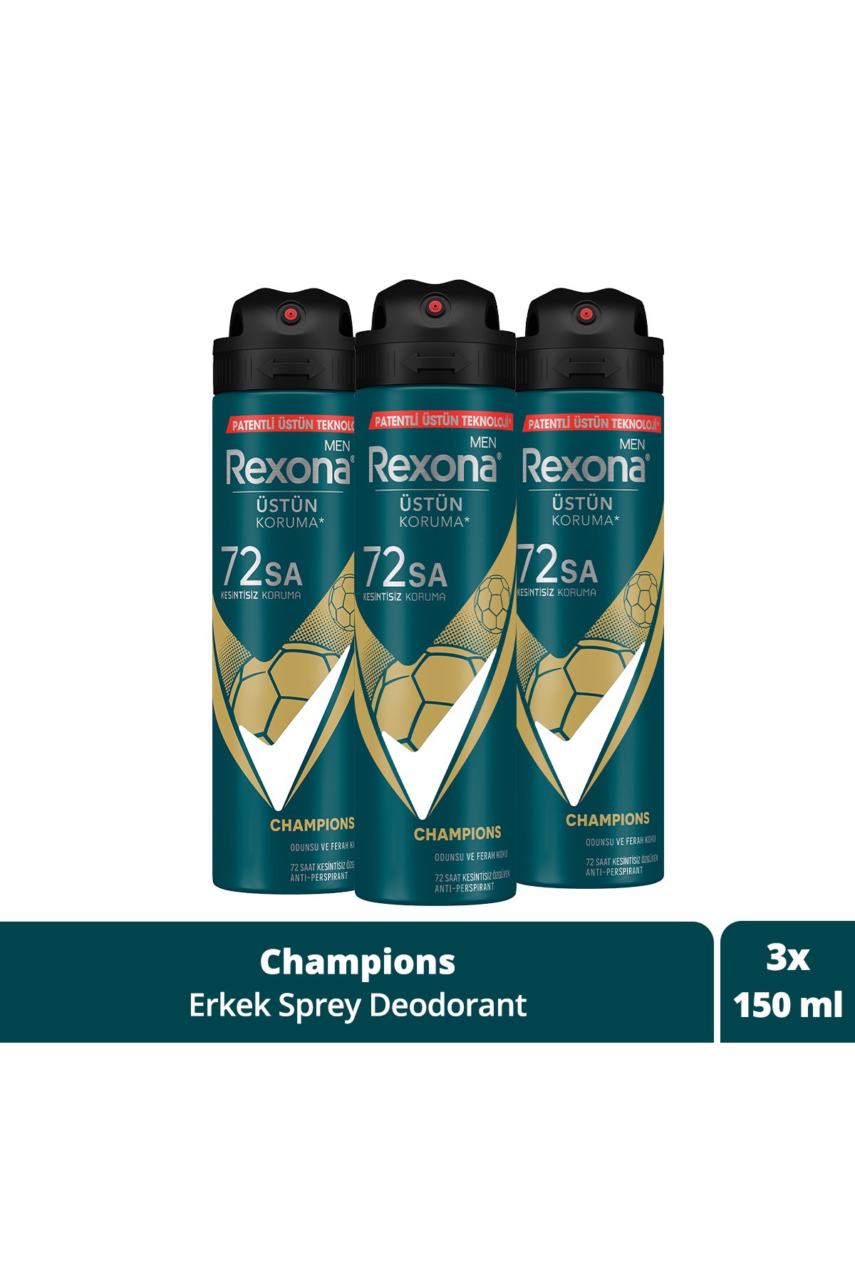 Rexona Men Erkek Sprey Deodorant Champions 72 Saat Kesintisiz Üstün Koruma 150 ml X 3 adet