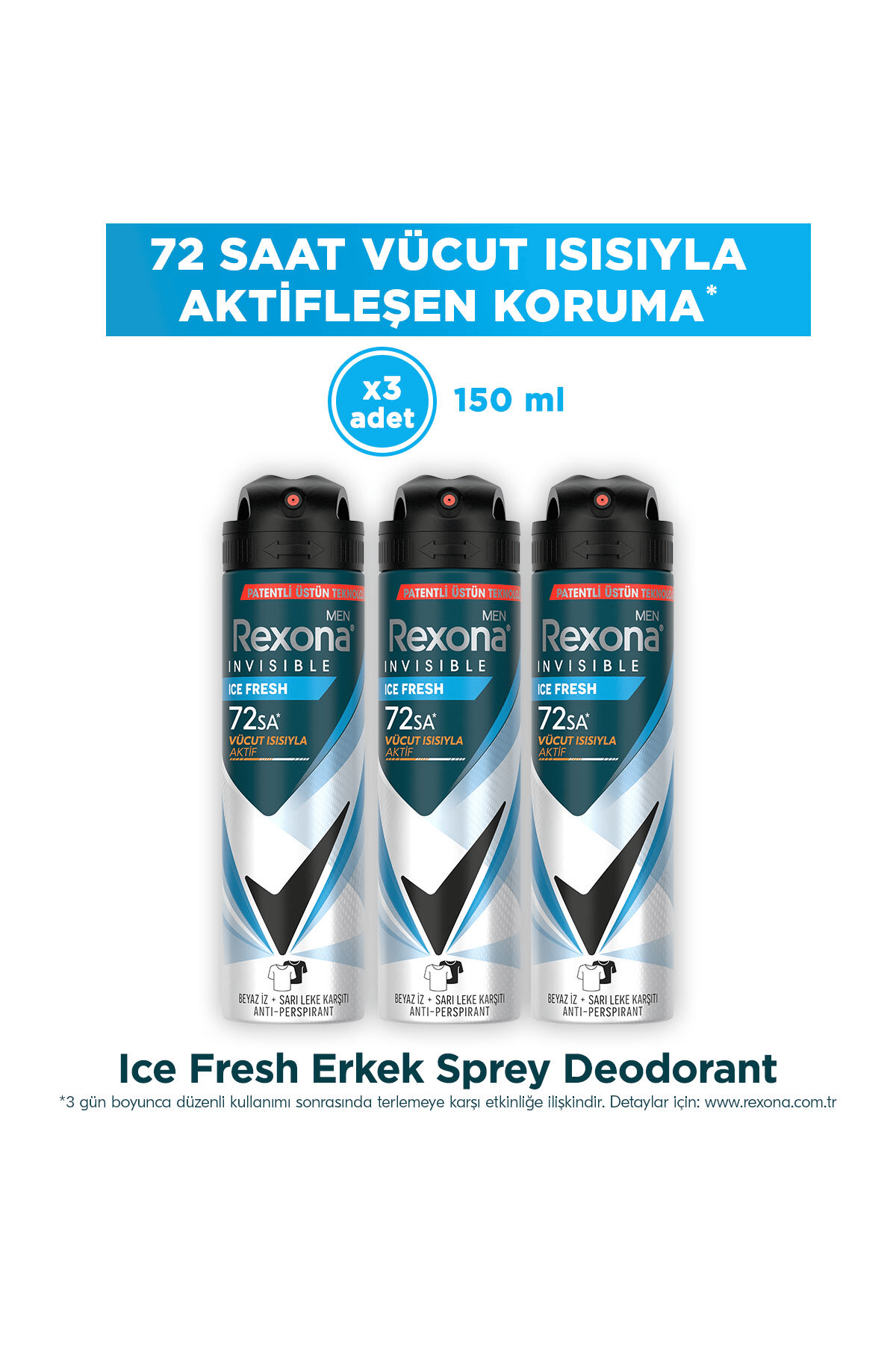 Rexona Men Erkek Sprey Deodorant Invisible Ocean Deep 72 Saat Kesintisiz Üstün Koruma 150 ml X3