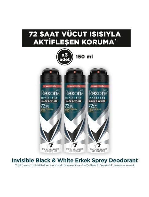 Rexona Men Erkek Sprey Deodorant Invisible Black & White  150 ml X3