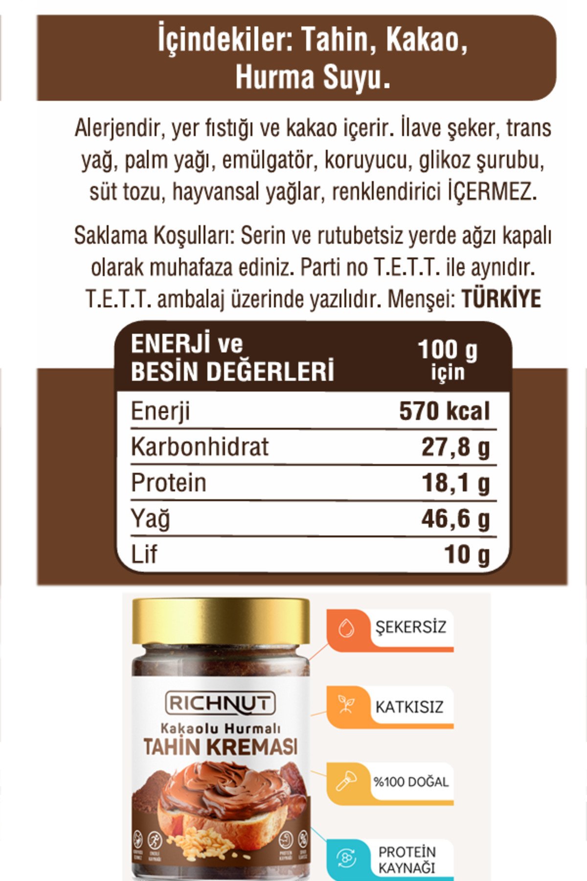 RİCHNUT Kakaolu Hurmalı Tahin Kreması (Şekersiz, Katkısız, %100 Doğal)