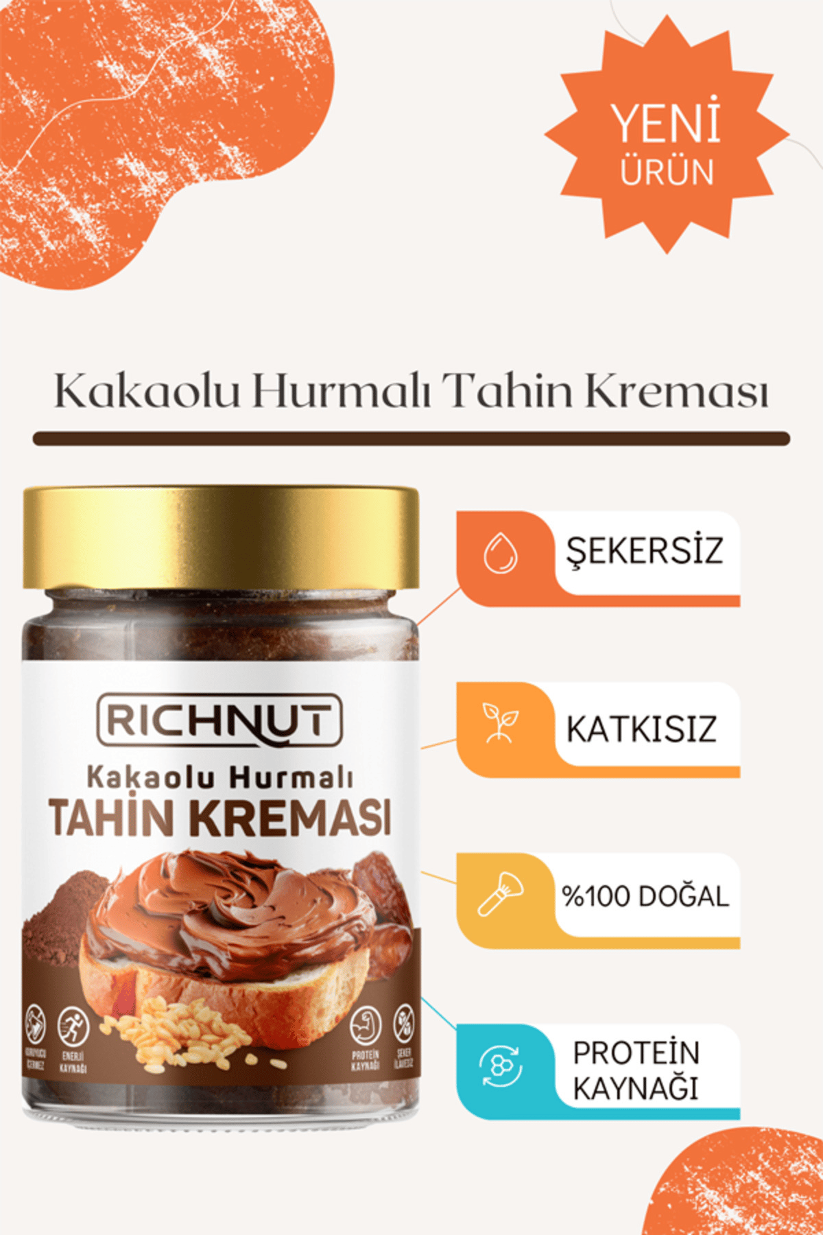RİCHNUT Kakaolu Hurmalı Tahin Kreması (Şekersiz, Katkısız, %100 Doğal)