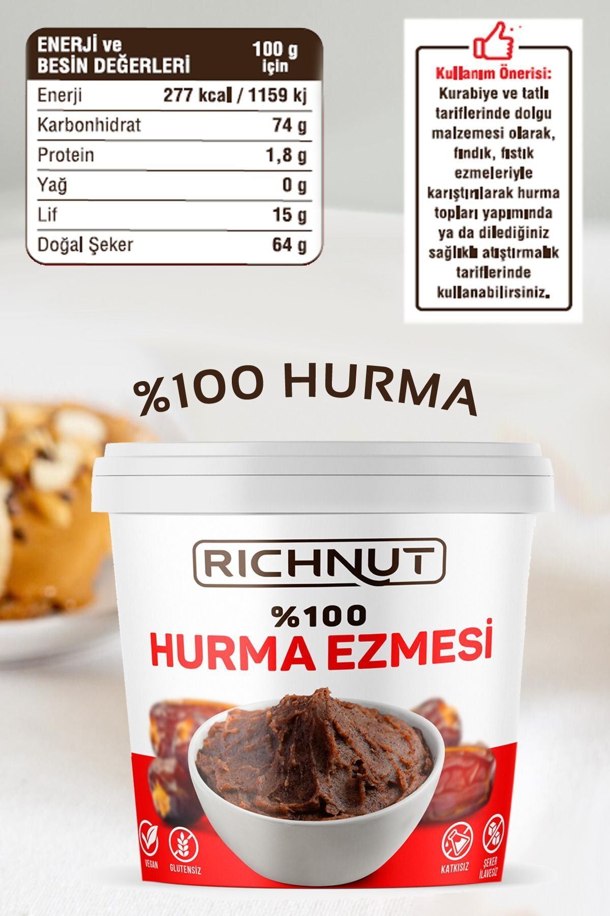 RİCHNUT Katkısız Doğal Hurma Ezmesi - %100 Hurma Püresi 1 Kg