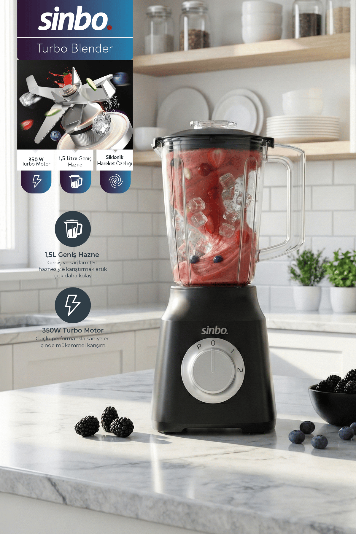 Sinbo SHB-7517 Turbo Blender Siyah – 350W, 1.5L Hazne, Smoothie & Pulse Fonksiyonlu