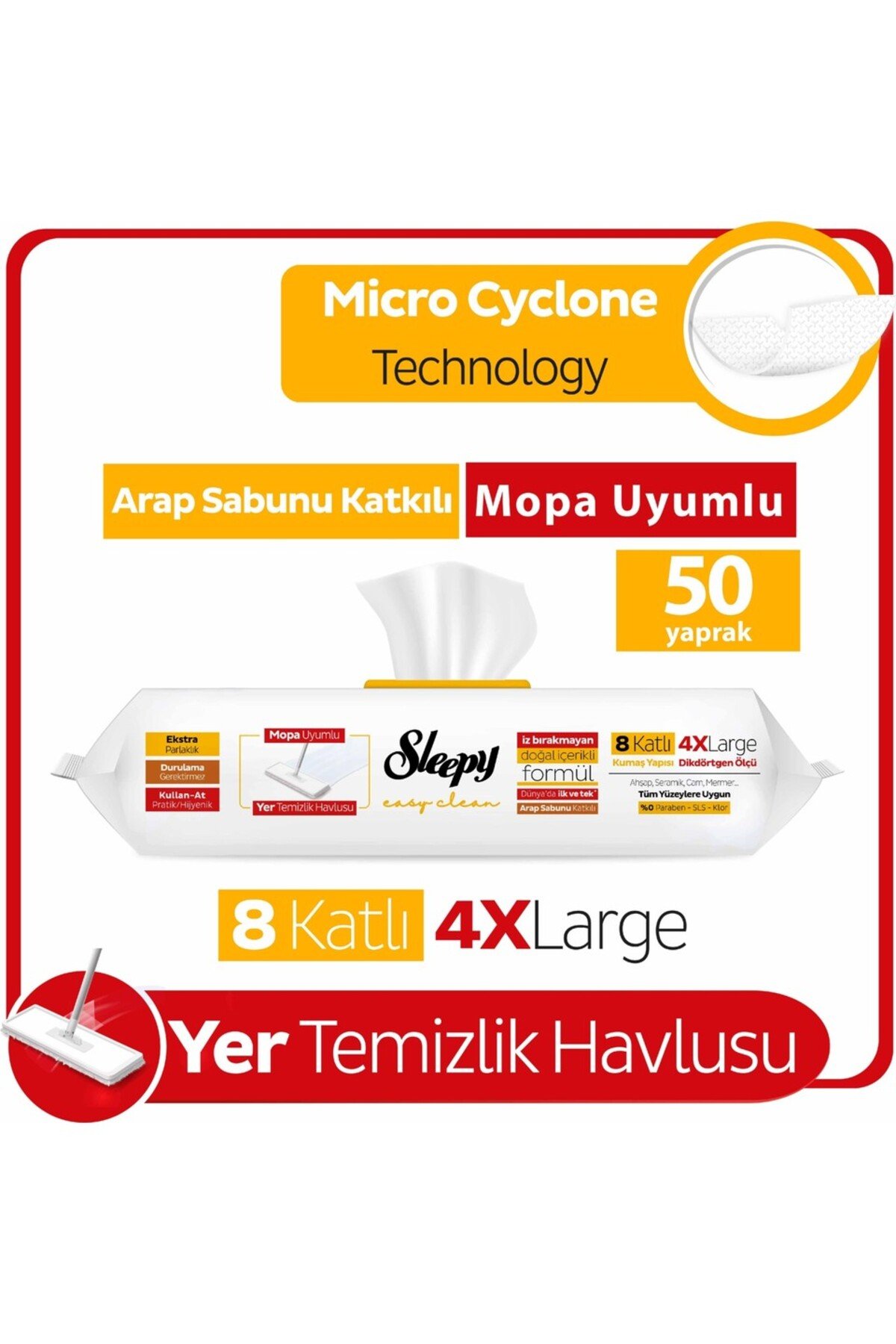 Sleepy Arap Sabunu Katkılı Mopa Uyumlu 4 Xlarge Yer Temizlik Havlusu 50 Yaprak