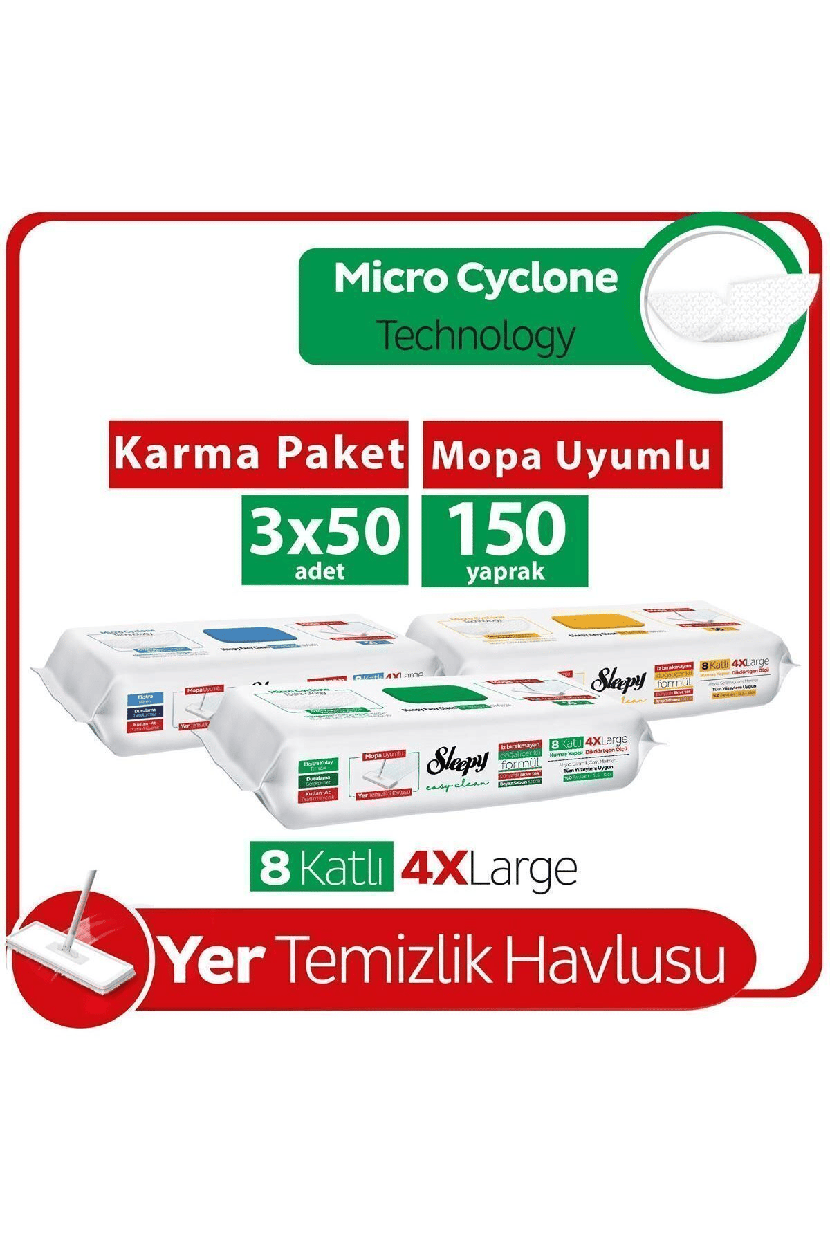 Sleepy Mopa Uyumlu Karma Paket 3X50 (150 Yaprak) ; Çamaşır Suyu 50li+ Arap Sabunu 50li+ Beyaz Sabunlu 50li  