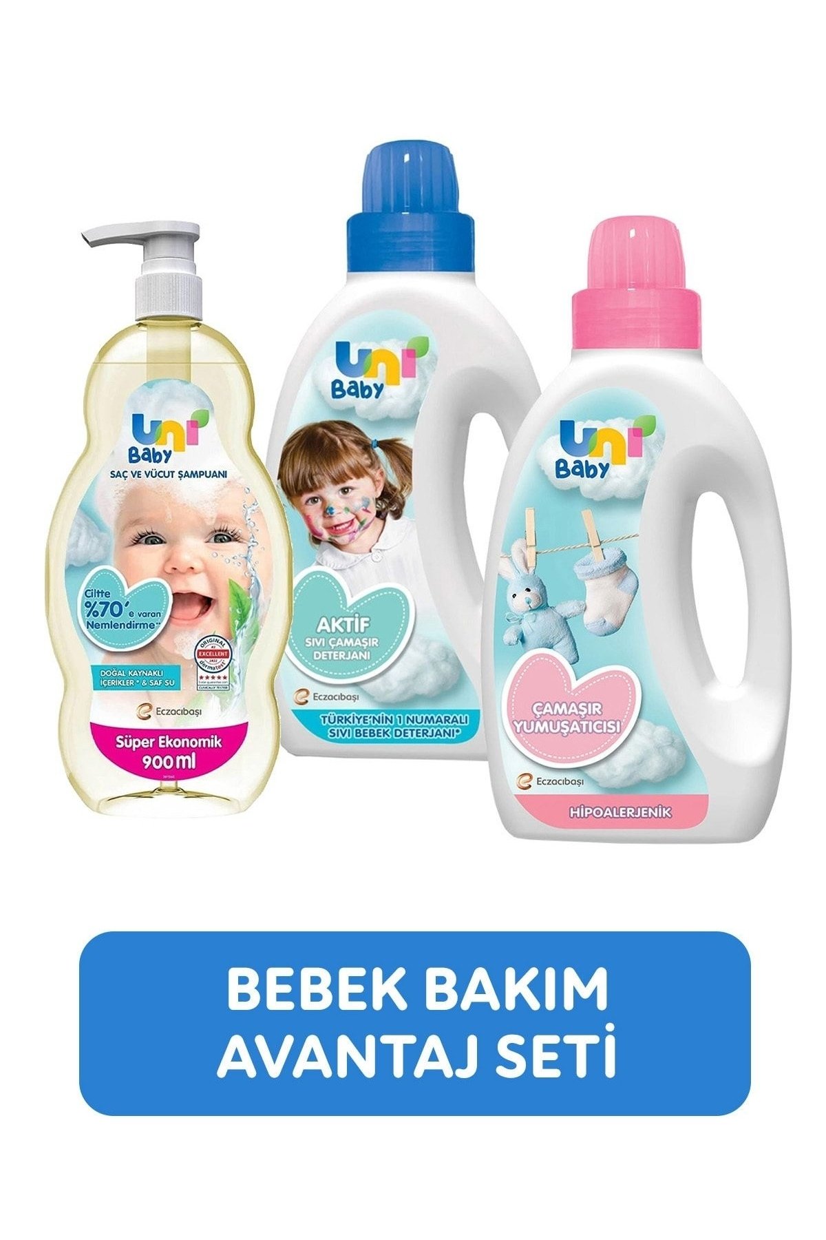 Uni Baby Çamaşır Deterjanı 1500 ml + Uni Baby Yumuşatıcı 1500 ml + Uni Baby Saç Ve Vücut Şampuanı 900 ml
