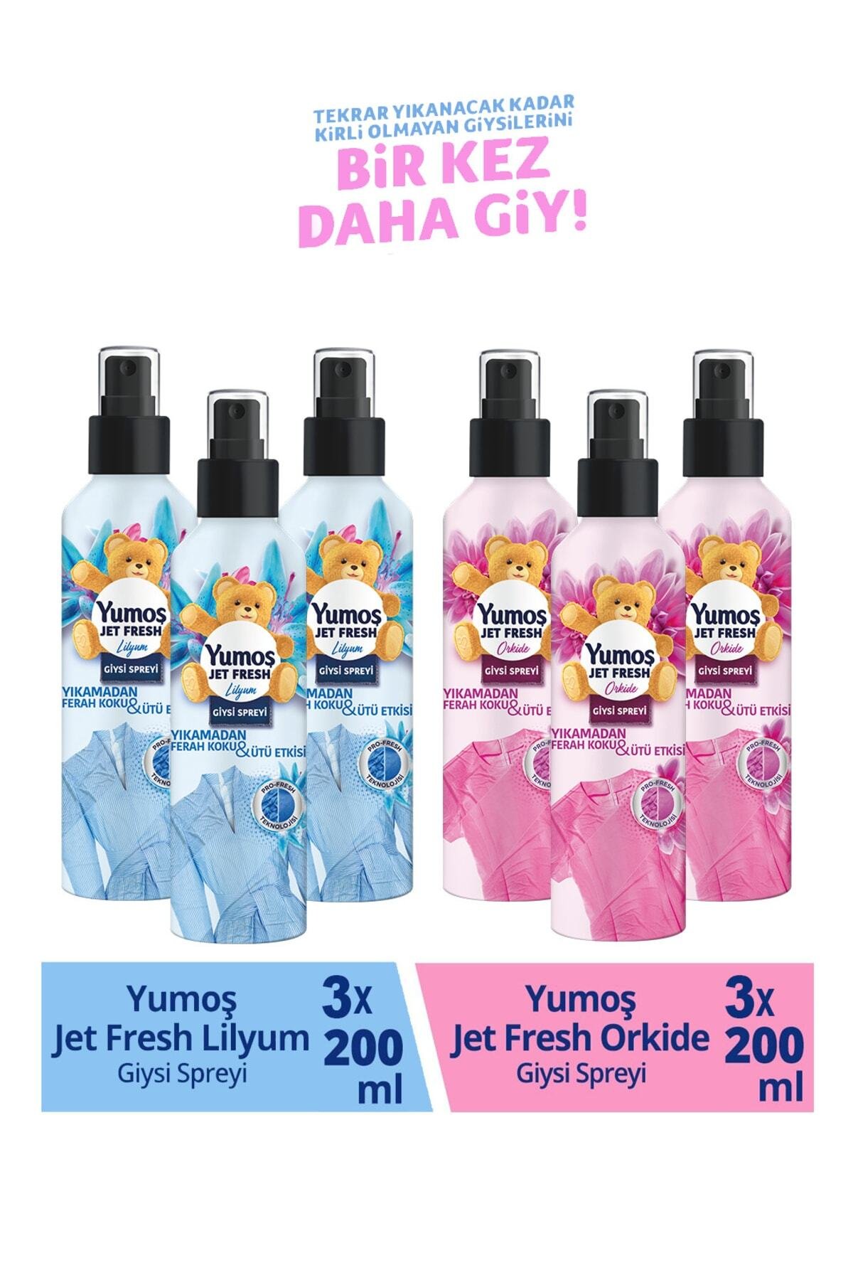 Yumoş Jet Fresh Giysi Spreyi Lilyum 200 ml x3 Adet + Yumoş Jet Fresh Giysi Spreyi Orkide 200 ml x3 Adet
