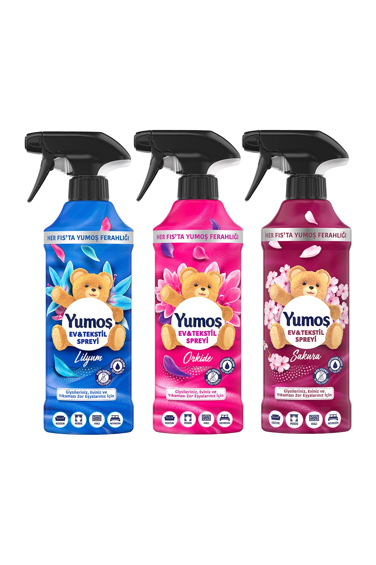 Yumoş Sprey  Lilyum 450 ml + Yumoş Sprey Orkide 450 ml+Yumoş Sprey Sakura 450 ml