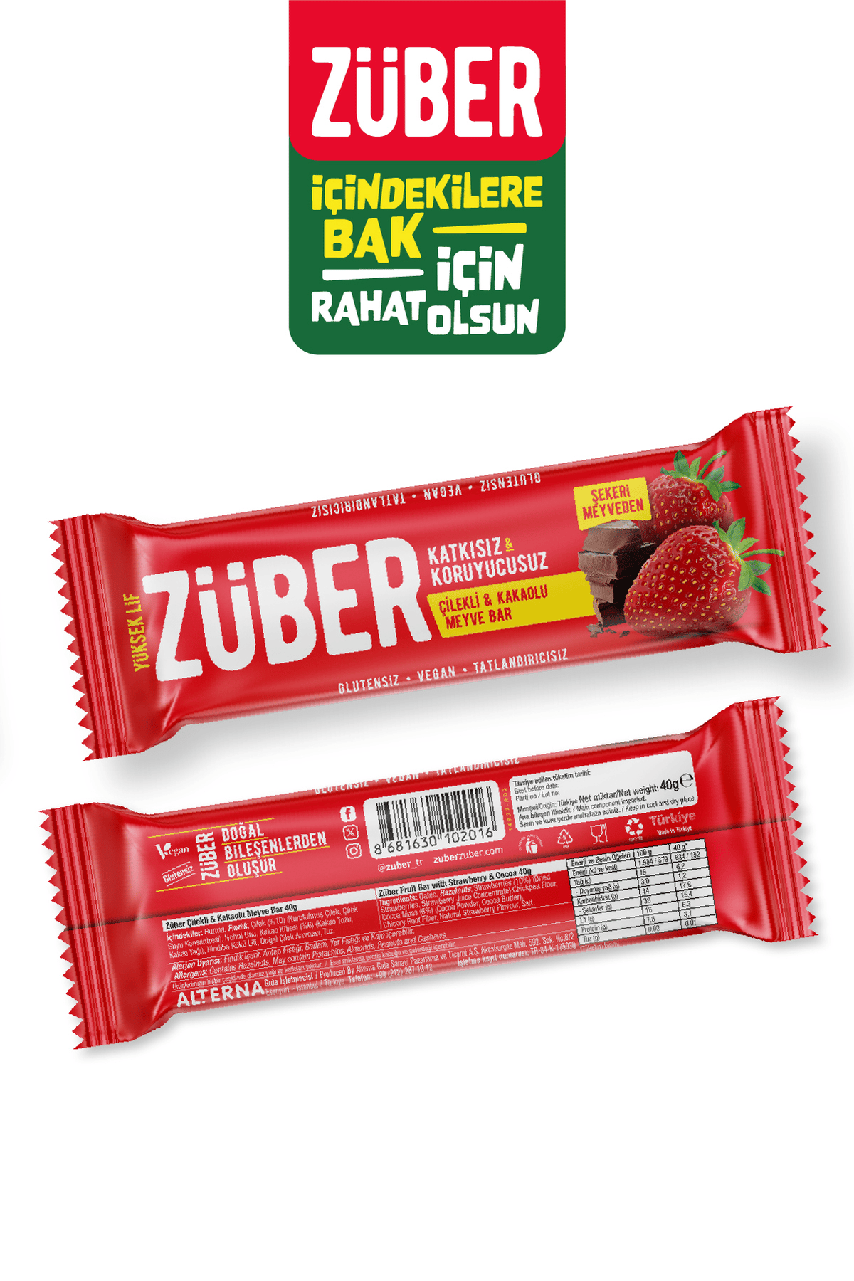 Züber Meyve Bar Çilekli Ve Kakaolu 40g X 12 Adet