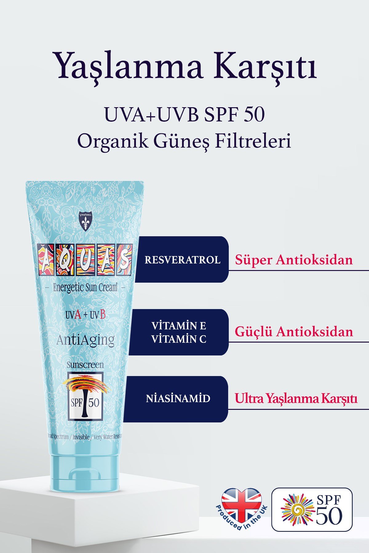 Aquas Yaşlanma Karşıtı Enerjetik Güneş Kremi SPF 50 UVA+UVB 100 mL