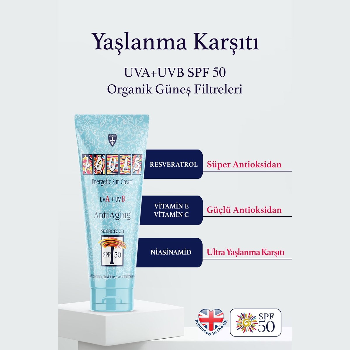 Aquas Yaşlanma Karşıtı Enerjetik Güneş Kremi SPF 50 UVA+UVB 100 mL